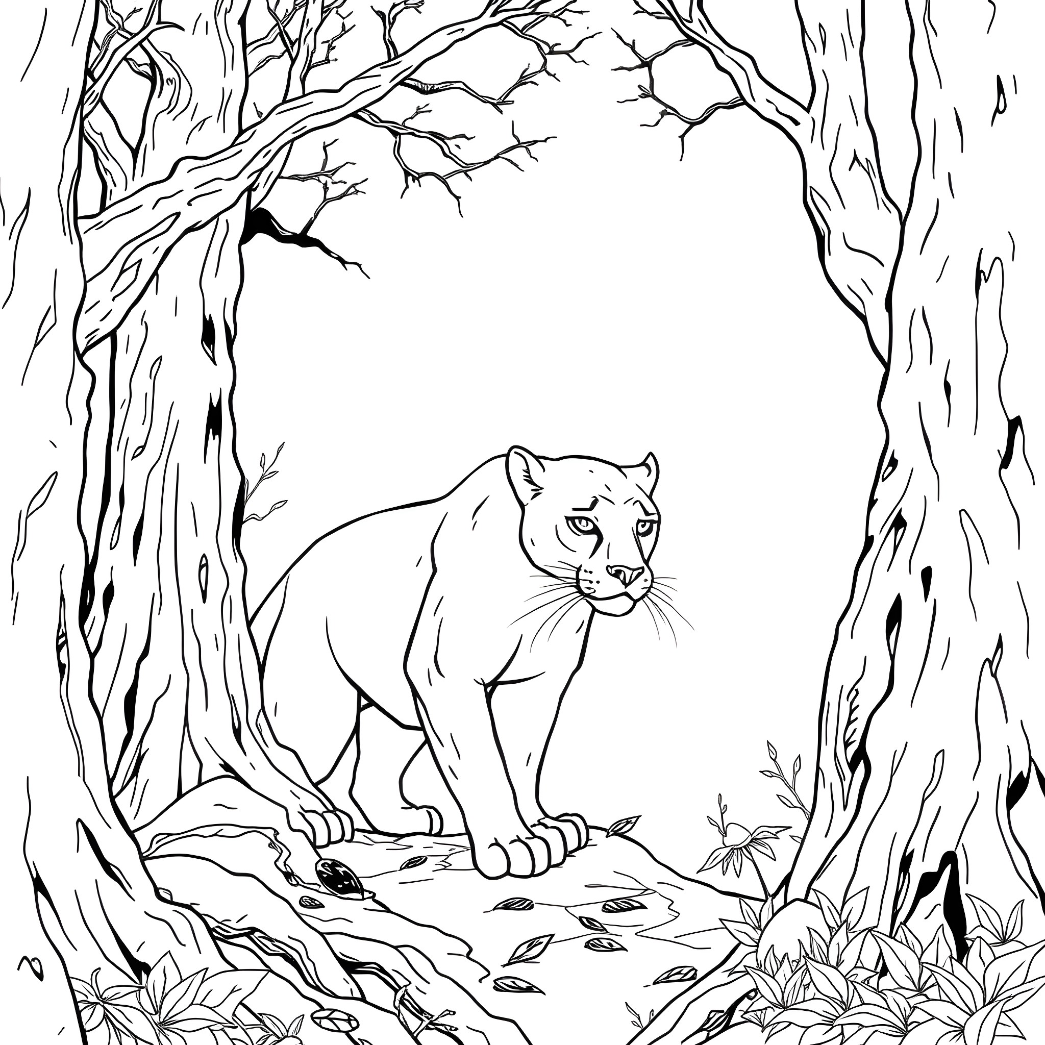 Panther stalking through the spooky forest Coloring Page (free black-and-white line drawing printable PDF for all, from beginners to advanced learners, including children, teens, adults, and seniors)