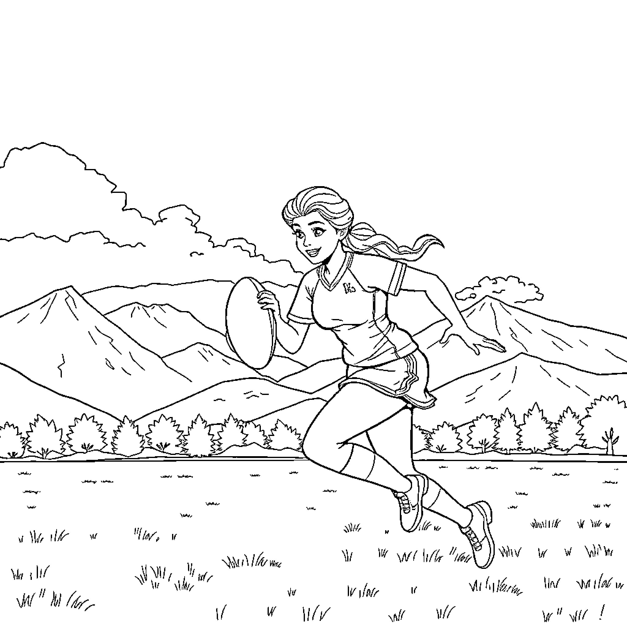 Elsa enjoying a hike through the mountains Coloring Page (free black-and-white line drawing printable PDF for all, from beginners to advanced learners, including children, teens, adults, and seniors)