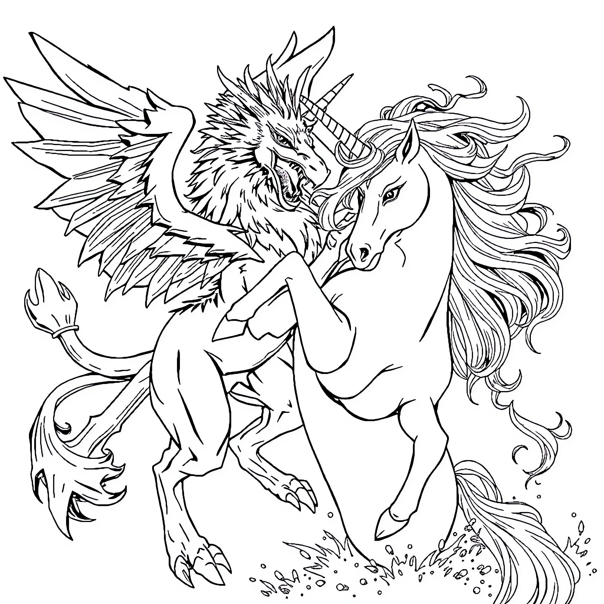 Griffon and Unicorn in Fantastical Embrace Coloring Page (free black-and-white line drawing printable PDF for all, from beginners to advanced learners, including children, teens, adults, and seniors)