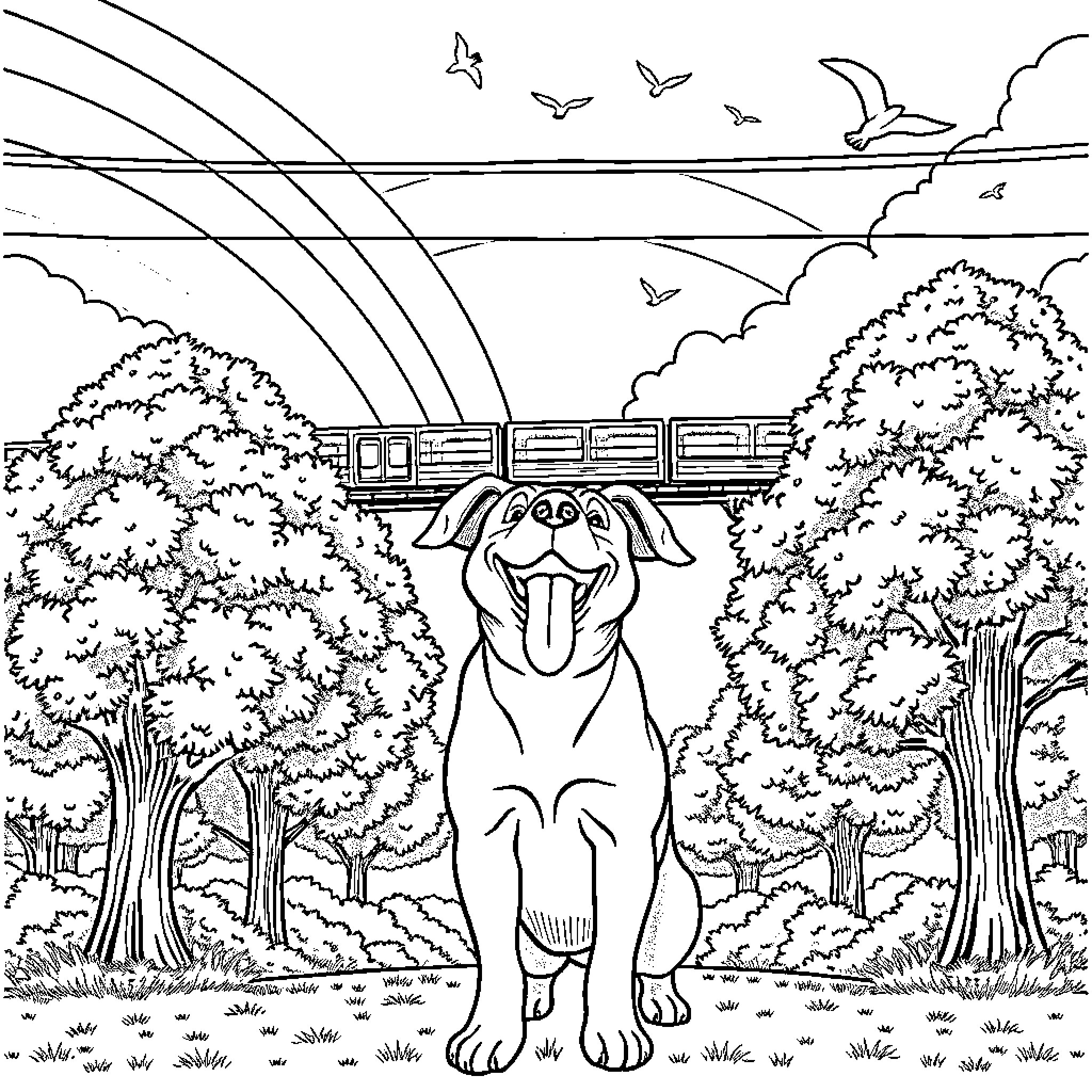Dog enjoying the outdoors in a tranquil forest setting Coloring Page (free black-and-white line drawing printable PDF for all, from beginners to advanced learners, including children, teens, adults, and seniors)