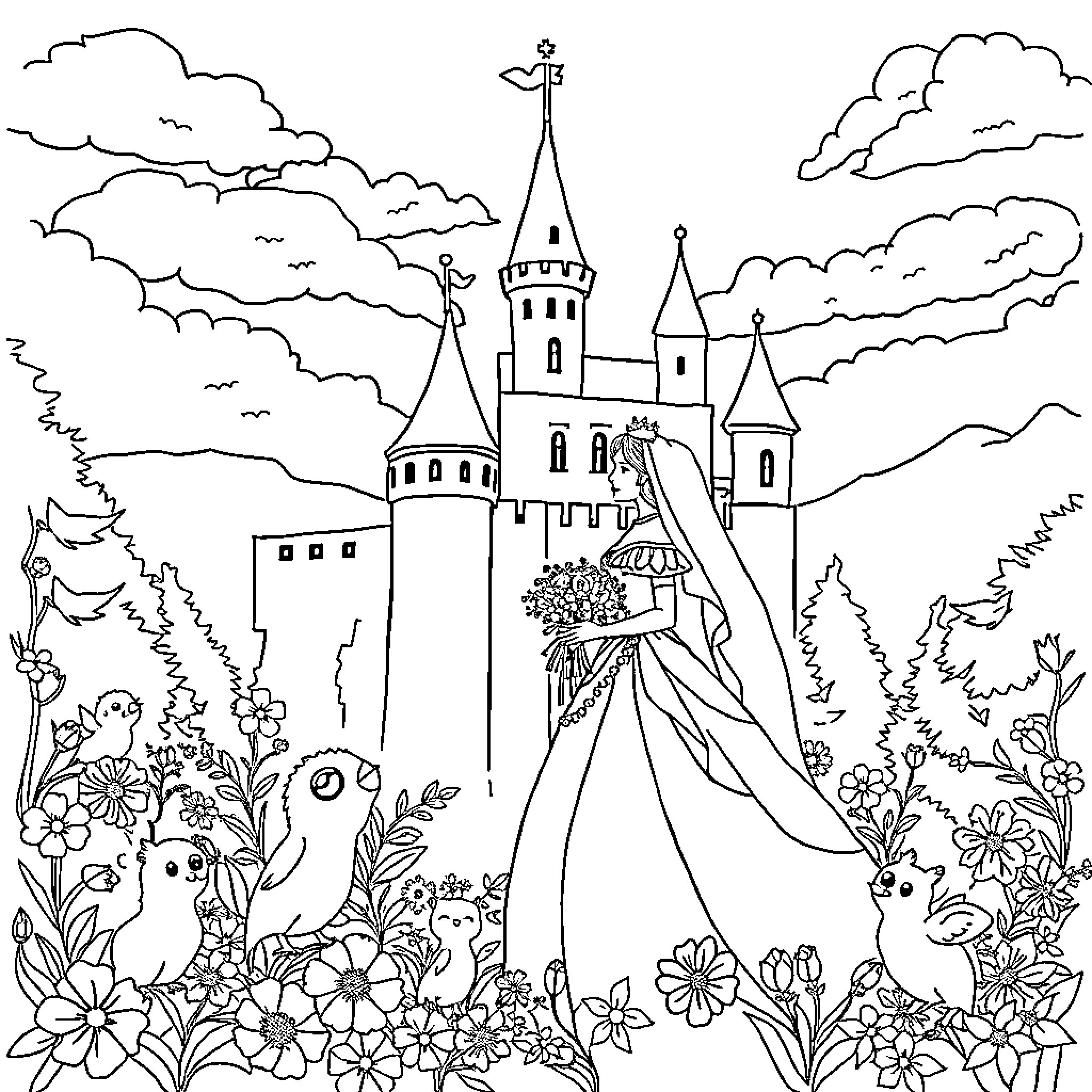 Princess in a Castle Garden with Magical Creatures Coloring Page (free black-and-white line drawing printable PDF for all, from beginners to advanced learners, including children, teens, adults, and seniors)