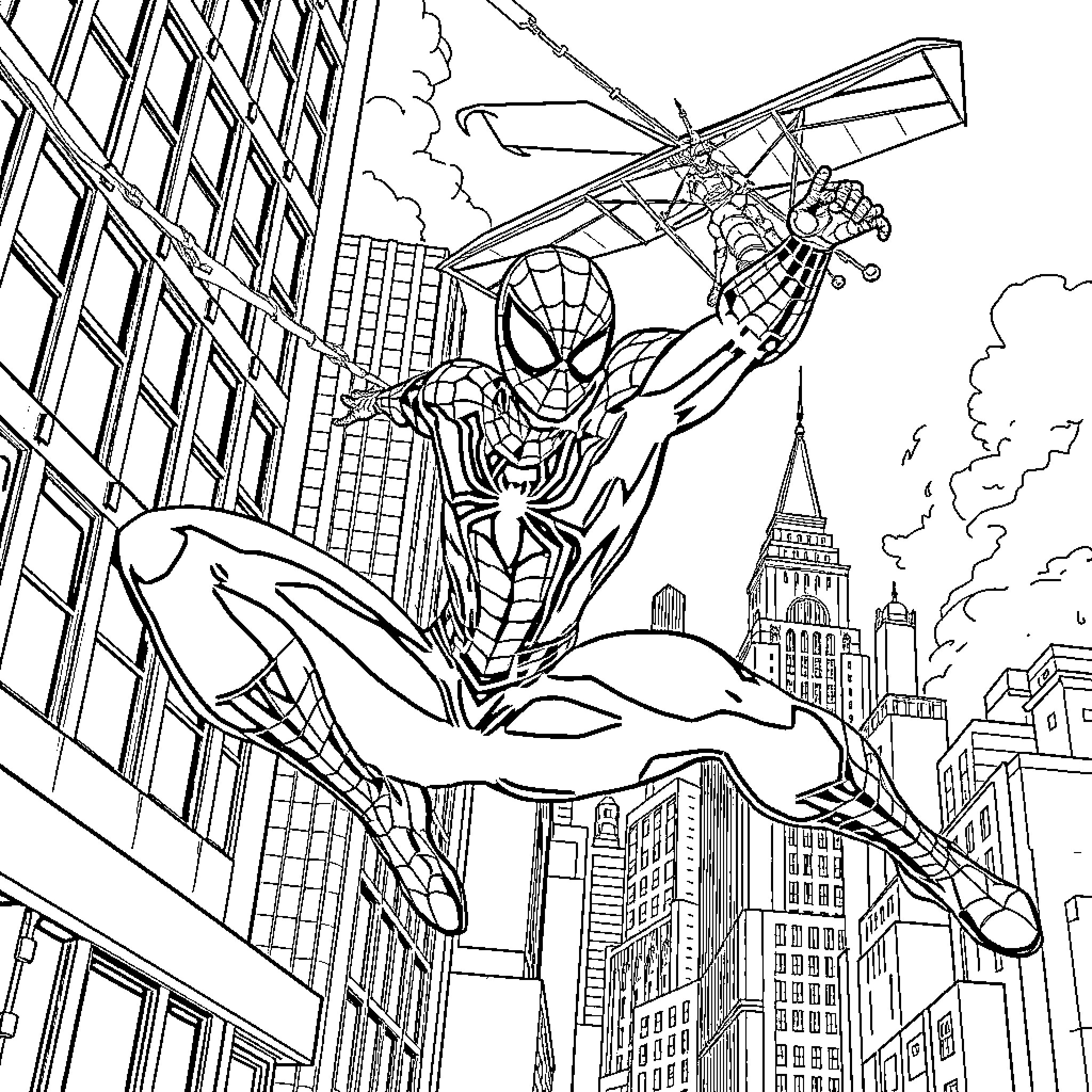 Spiderman swinging through the city skyline Coloring Page (free black-and-white line drawing printable PDF for all, from beginners to advanced learners, including children, teens, adults, and seniors)