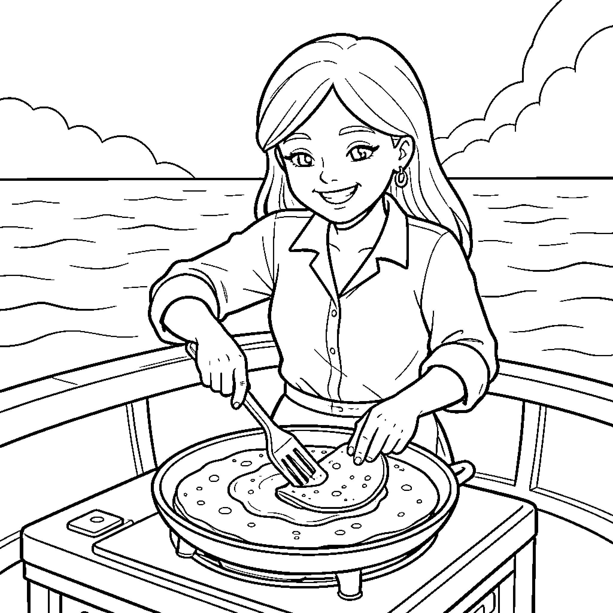 Mother cooking delicious food on a boat Coloring Page (free black-and-white line drawing printable PDF for all, from beginners to advanced learners, including children, teens, adults, and seniors)