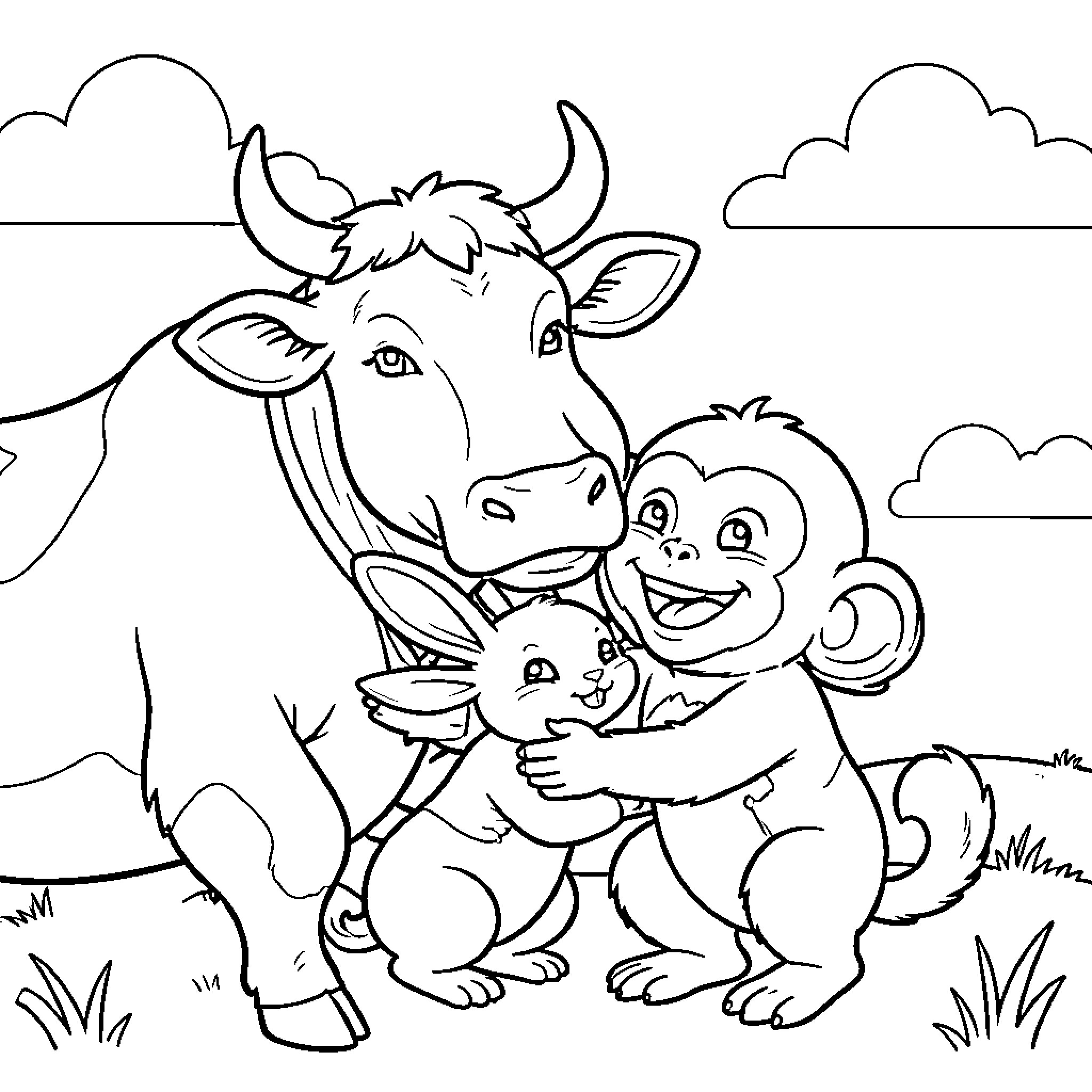 Animal family in the countryside Coloring Page (free black-and-white line drawing printable PDF for all, from beginners to advanced learners, including children, teens, adults, and seniors)
