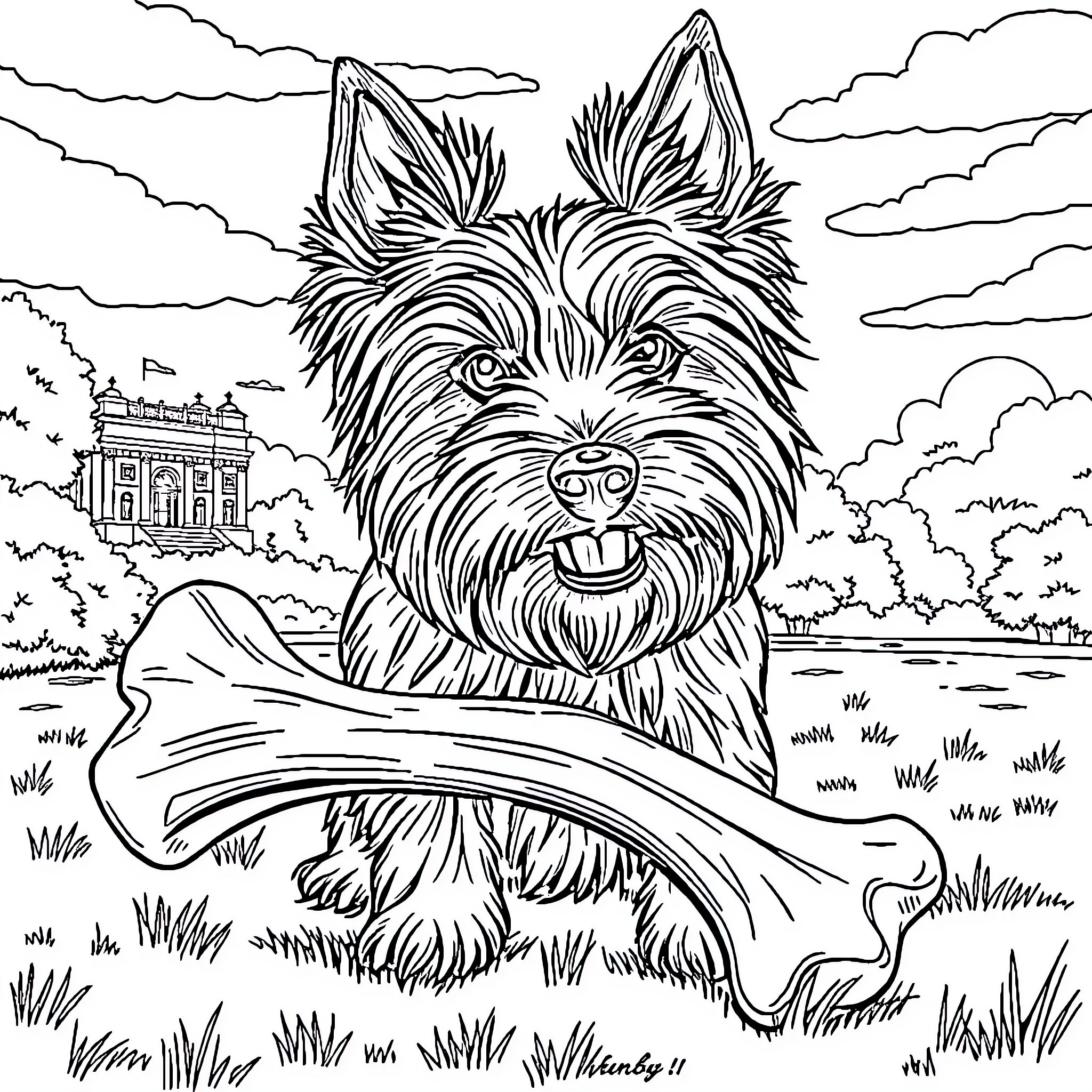 Yorkshire Terrier enjoying a bone in a scenic landscape Coloring Page (free black-and-white line drawing printable PDF for all, from beginners to advanced learners, including children, teens, adults, and seniors)