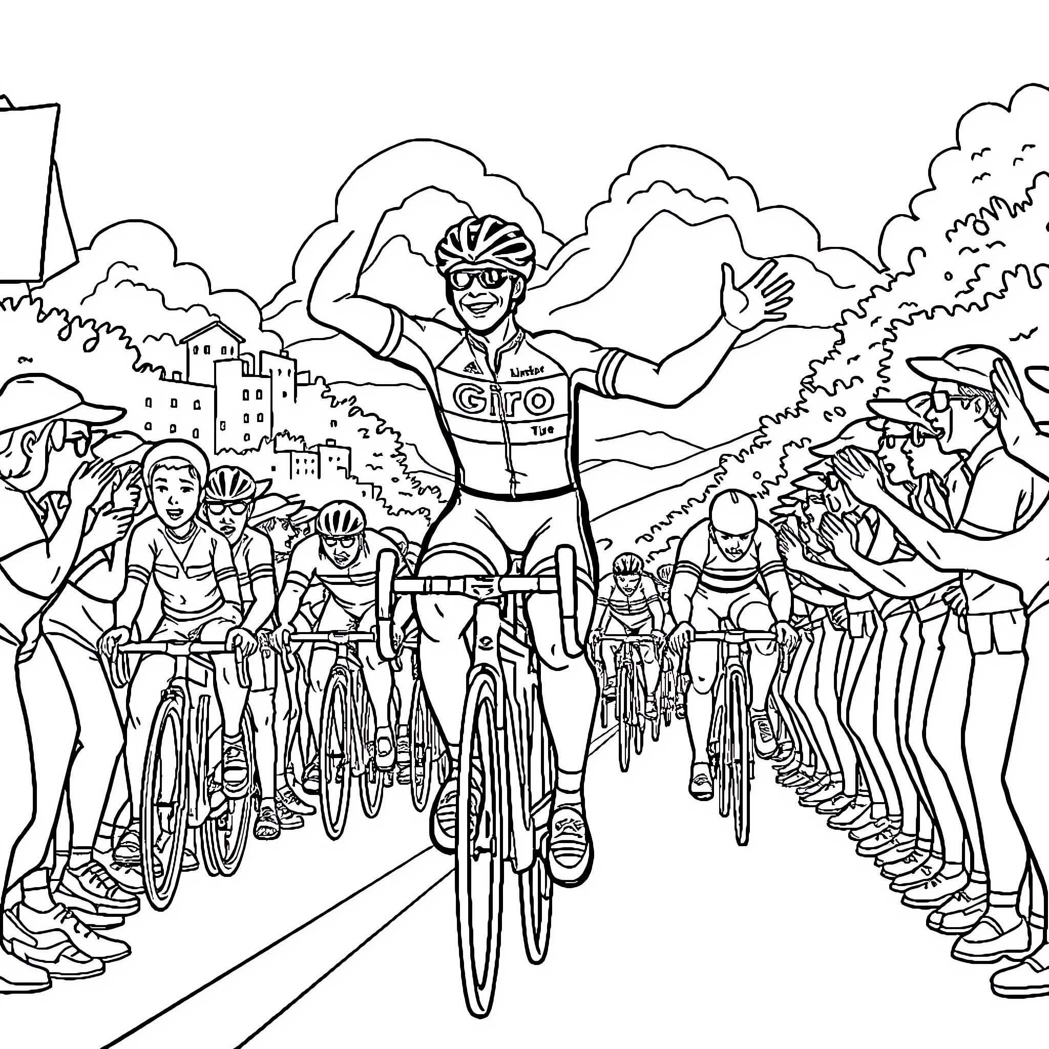 Cyclist leading a group in a race through a scenic landscape Coloring Page (free black-and-white line drawing printable PDF for all, from beginners to advanced learners, including children, teens, adults, and seniors)