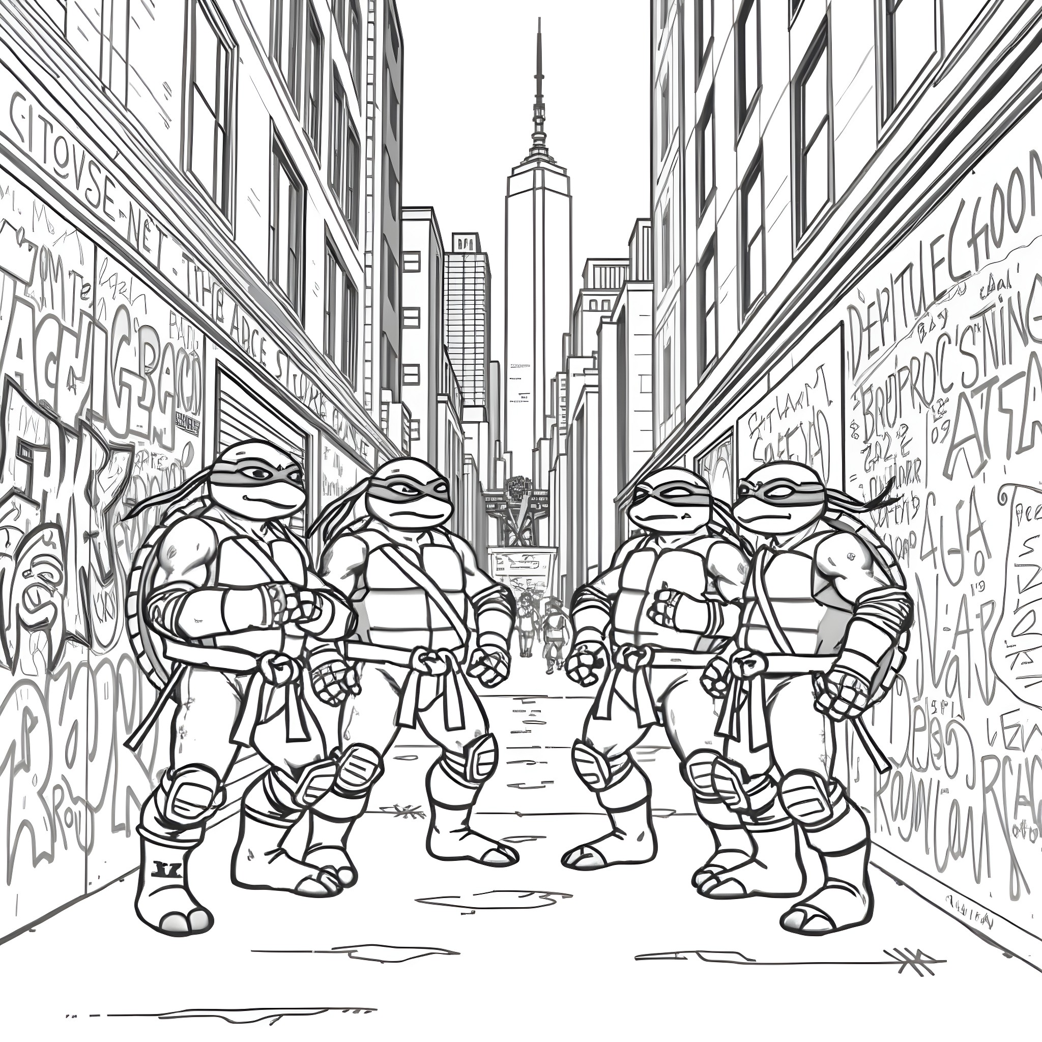 Turtle Heroes Exploring the Urban Jungle Coloring Page (free black-and-white line drawing printable PDF for all, from beginners to advanced learners, including children, teens, adults, and seniors)