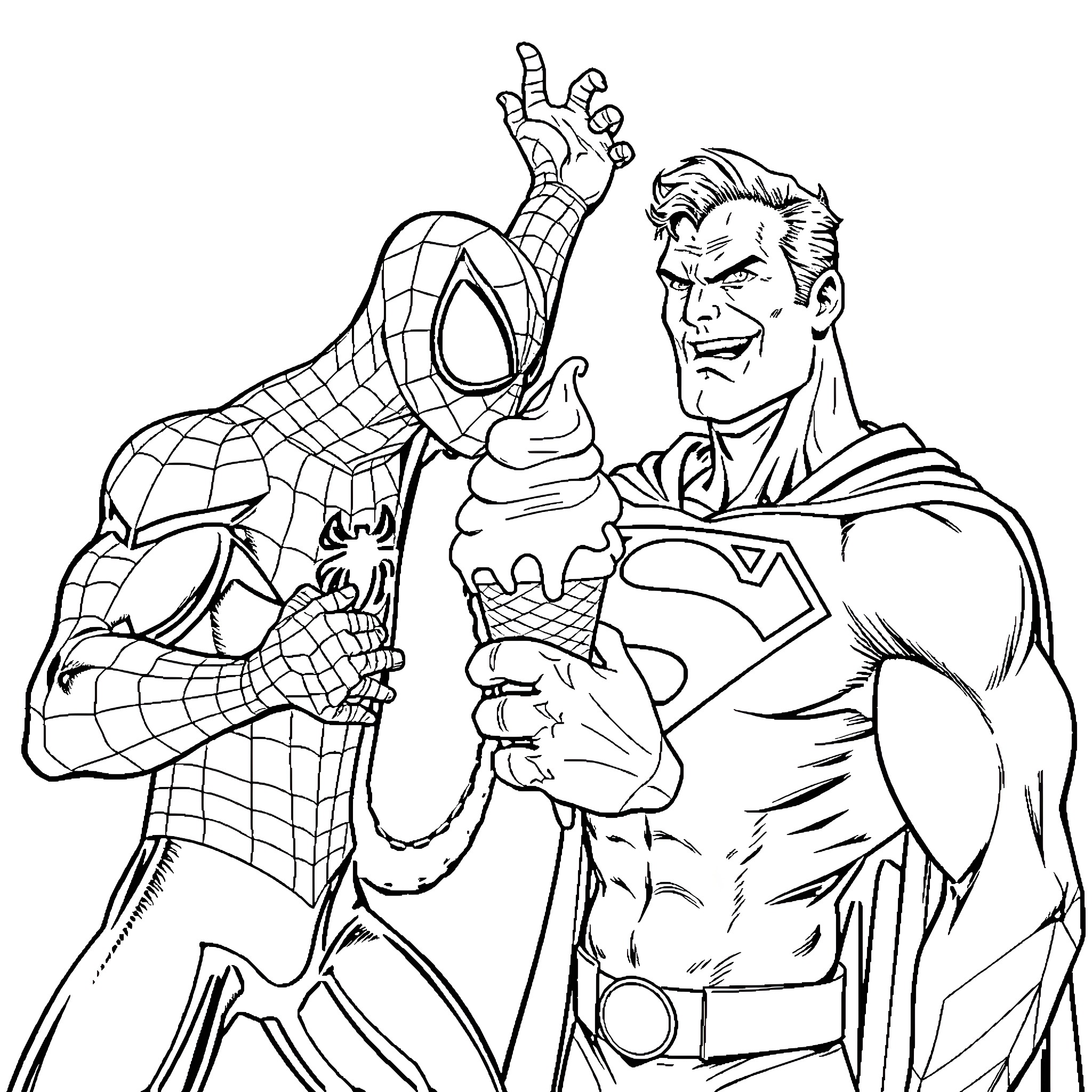 Spider-Man and Superman team up for heroic adventure Coloring Page (free black-and-white line drawing printable PDF for all, from beginners to advanced learners, including children, teens, adults, and seniors)