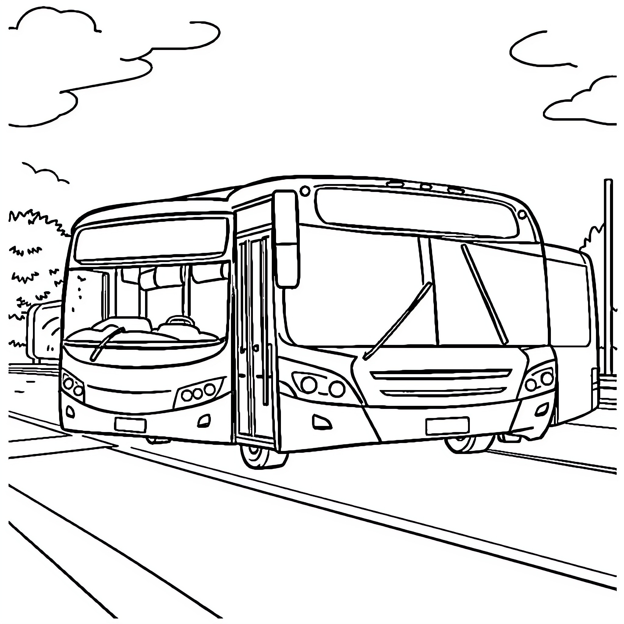 Bus on the road with passengers Coloring Page (free black-and-white line drawing printable PDF for all, from beginners to advanced learners, including children, teens, adults, and seniors)
