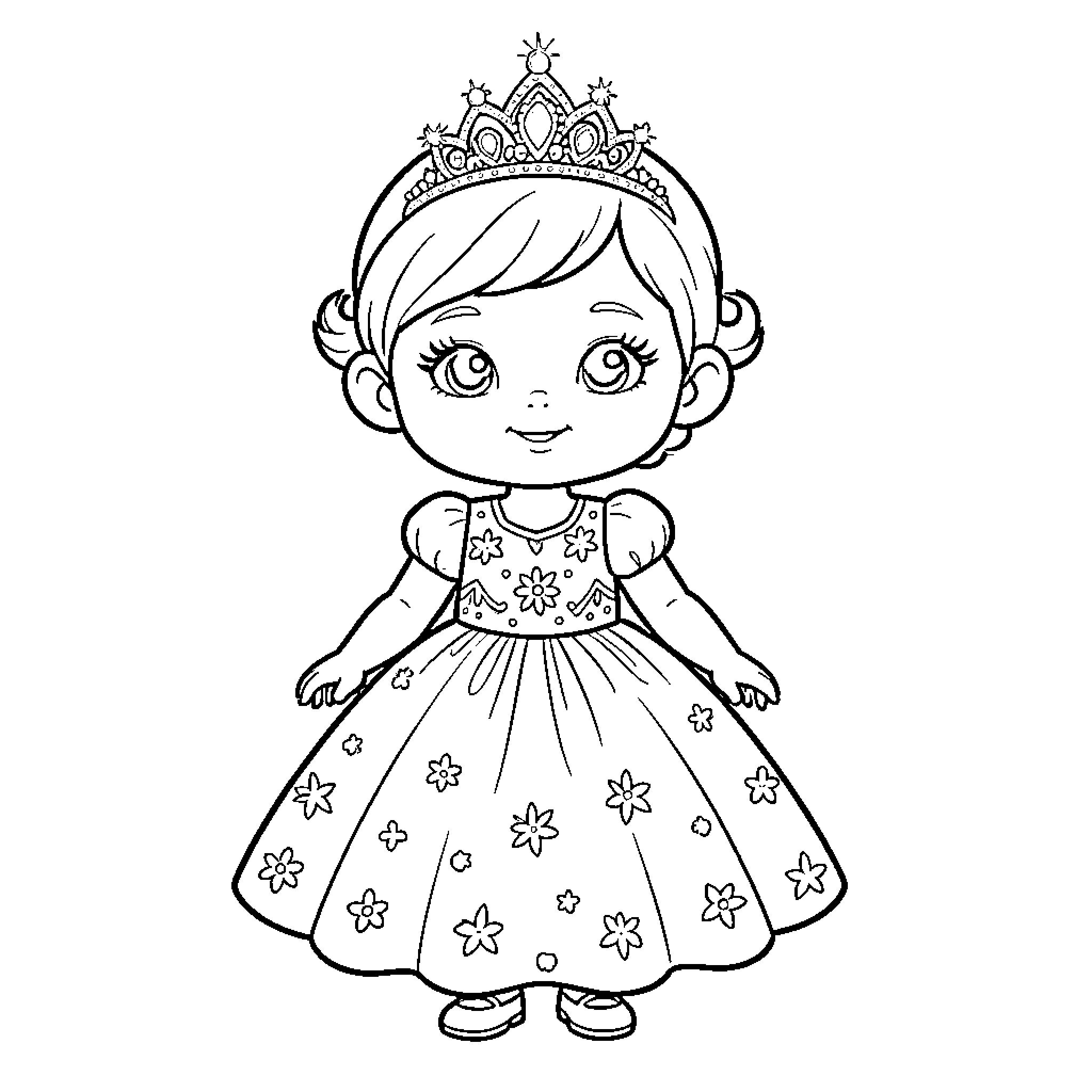 Princess in a Floral Dress Smiling Cheerfully Coloring Page (free black-and-white line drawing printable PDF for all, from beginners to advanced learners, including children, teens, adults, and seniors)