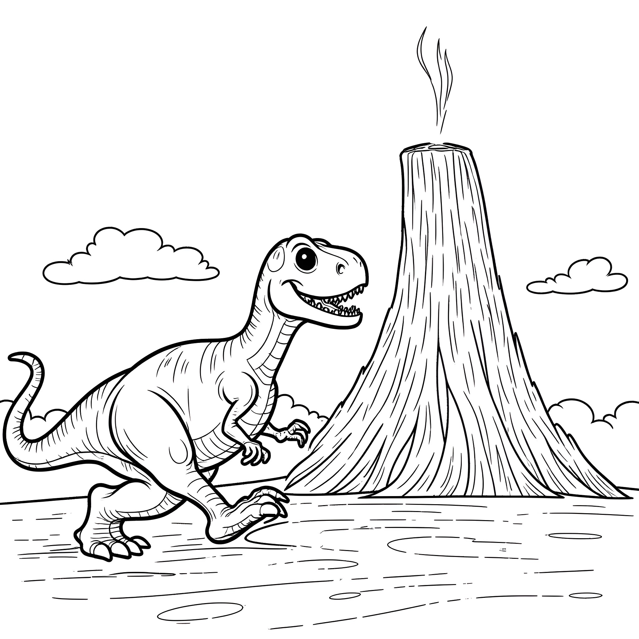 T-Rex Exploring Volcanic Landscape Coloring Page (free black-and-white line drawing printable PDF for all, from beginners to advanced learners, including children, teens, adults, and seniors)