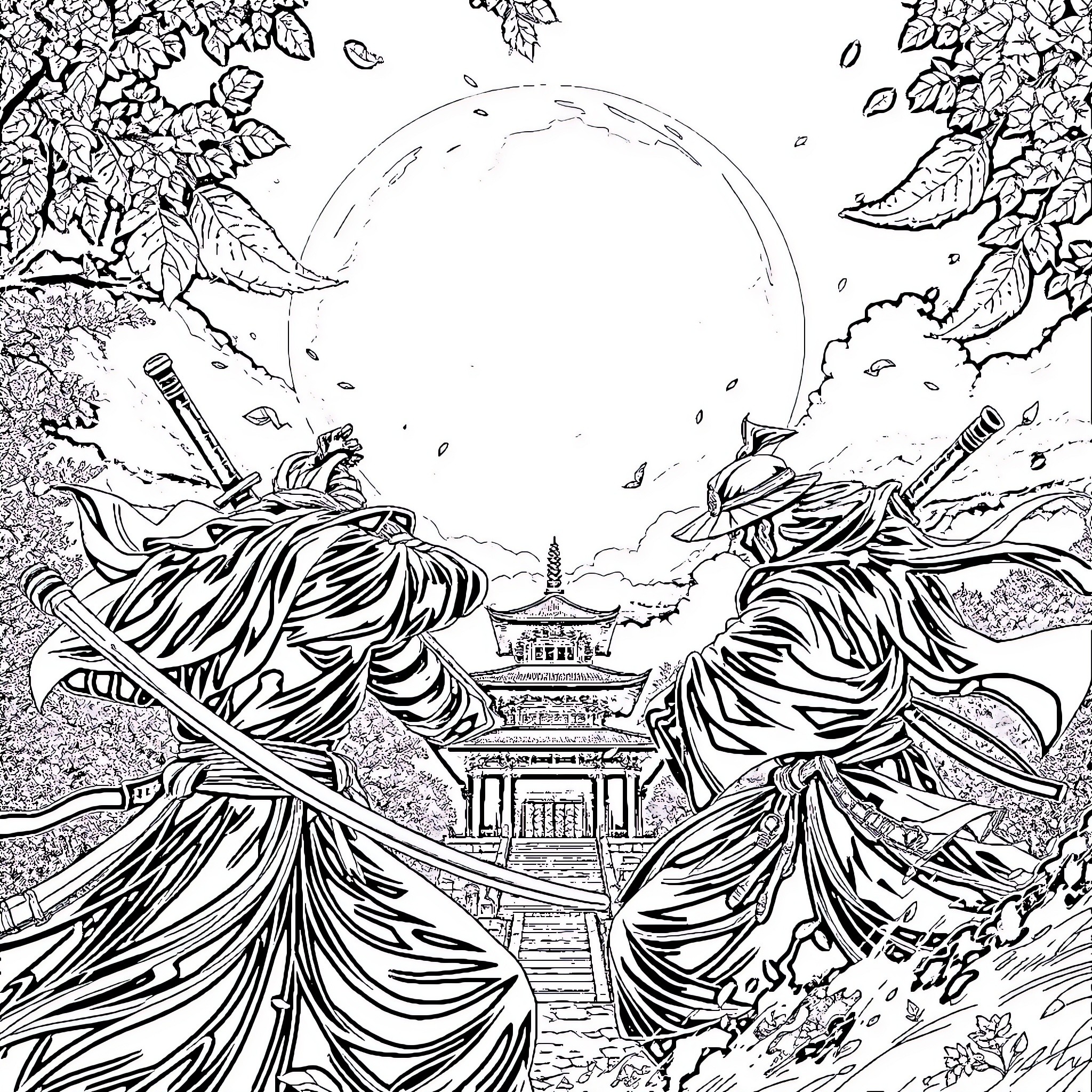 Épéiste duel between martial arts warriors in surreal landscape Coloring Page (free black-and-white line drawing printable PDF for all, from beginners to advanced learners, including children, teens, adults, and seniors)