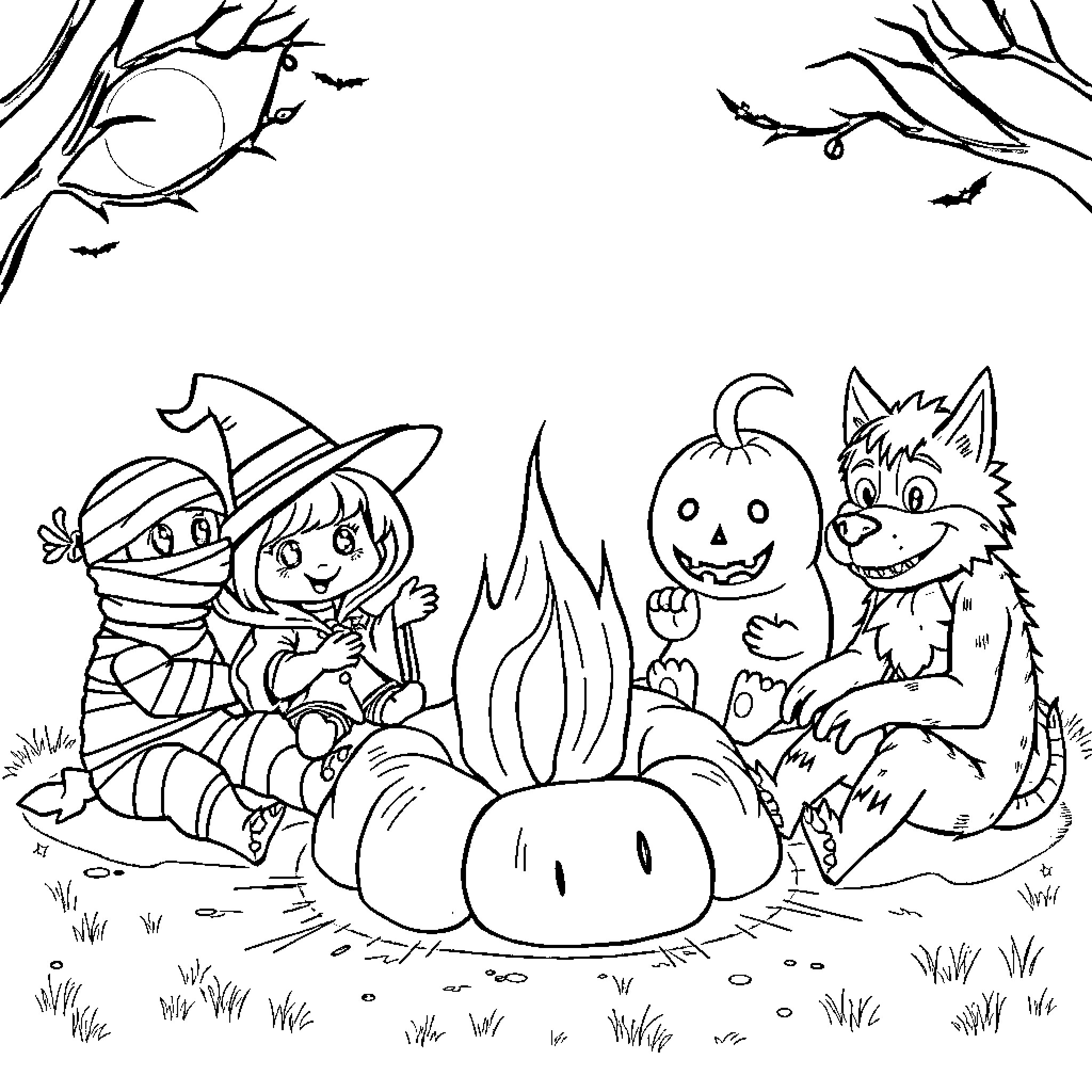 Monster children playing around a campfire Coloring Page (free black-and-white line drawing printable PDF for all, from beginners to advanced learners, including children, teens, adults, and seniors)