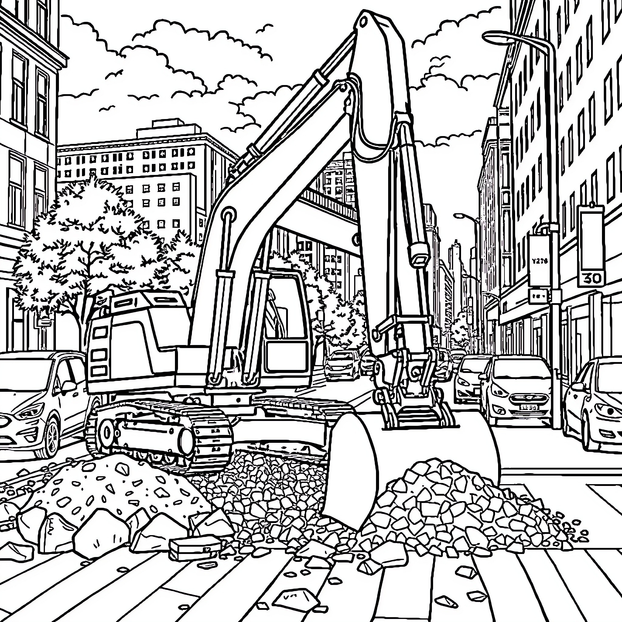 Excavator operating in bustling urban construction site Coloring Page (free black-and-white line drawing printable PDF for all, from beginners to advanced learners, including children, teens, adults, and seniors)