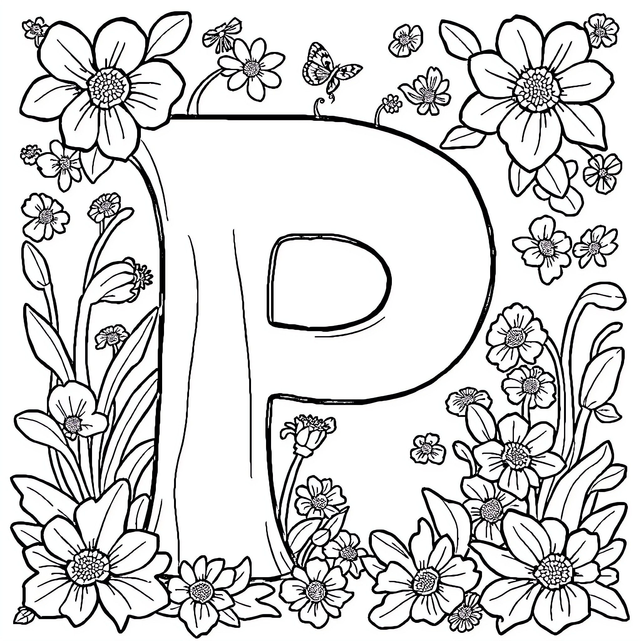 Playful floral illustration with letter P Coloring Page (free black-and-white line drawing printable PDF for all, from beginners to advanced learners, including children, teens, adults, and seniors)