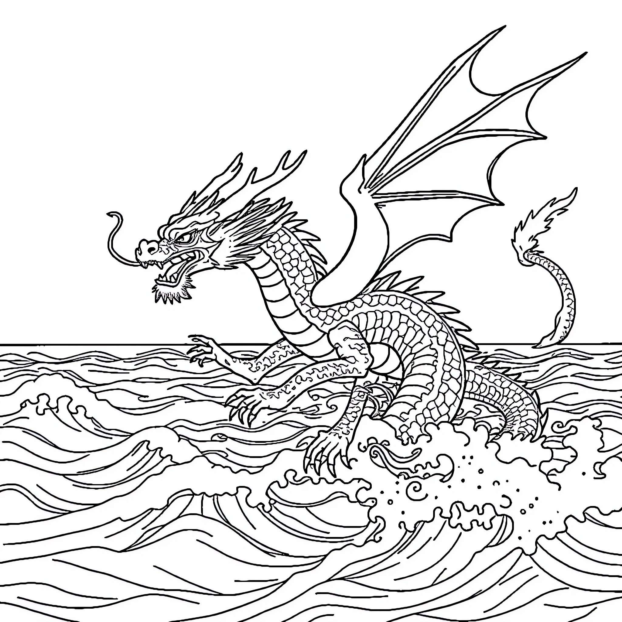Dragon soaring majestically over stormy waves Coloring Page (free black-and-white line drawing printable PDF for all, from beginners to advanced learners, including children, teens, adults, and seniors)