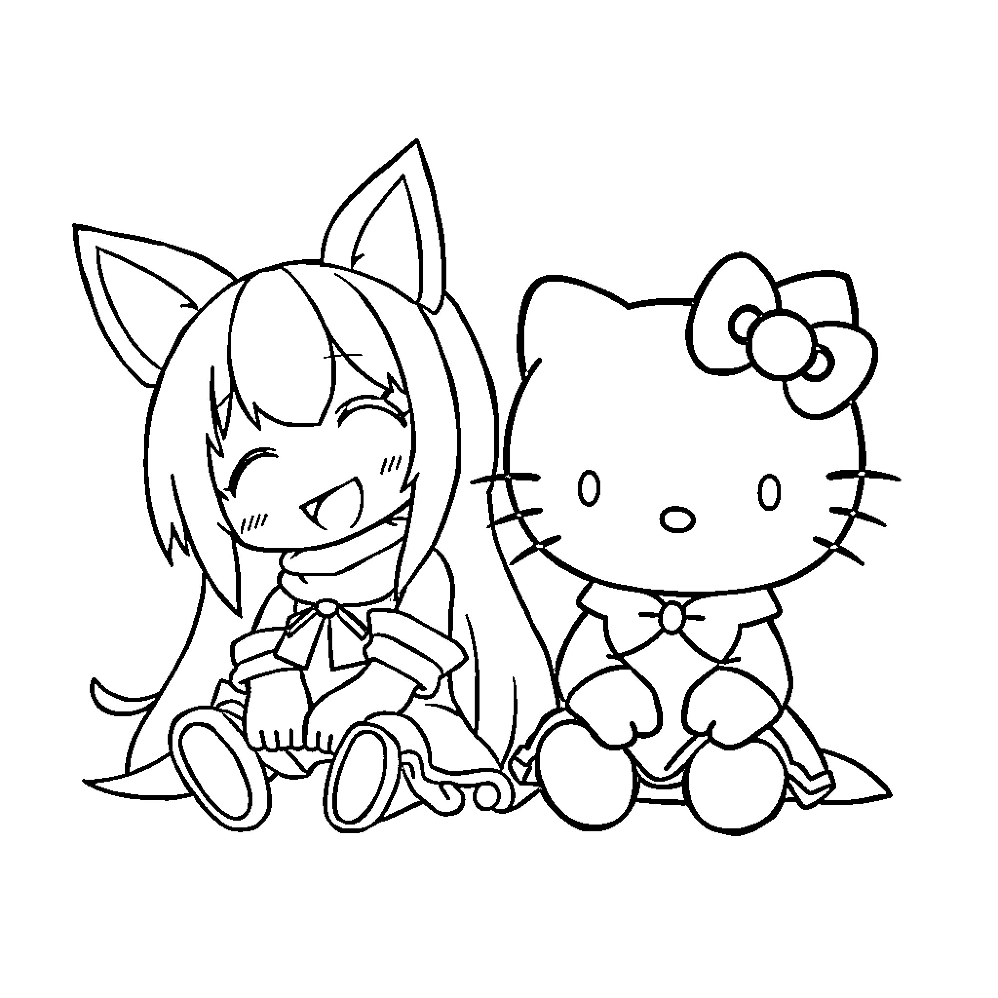 Hello Kitty and Friend Sharing a Moment Coloring Page (free black-and-white line drawing printable PDF for all, from beginners to advanced learners, including children, teens, adults, and seniors)