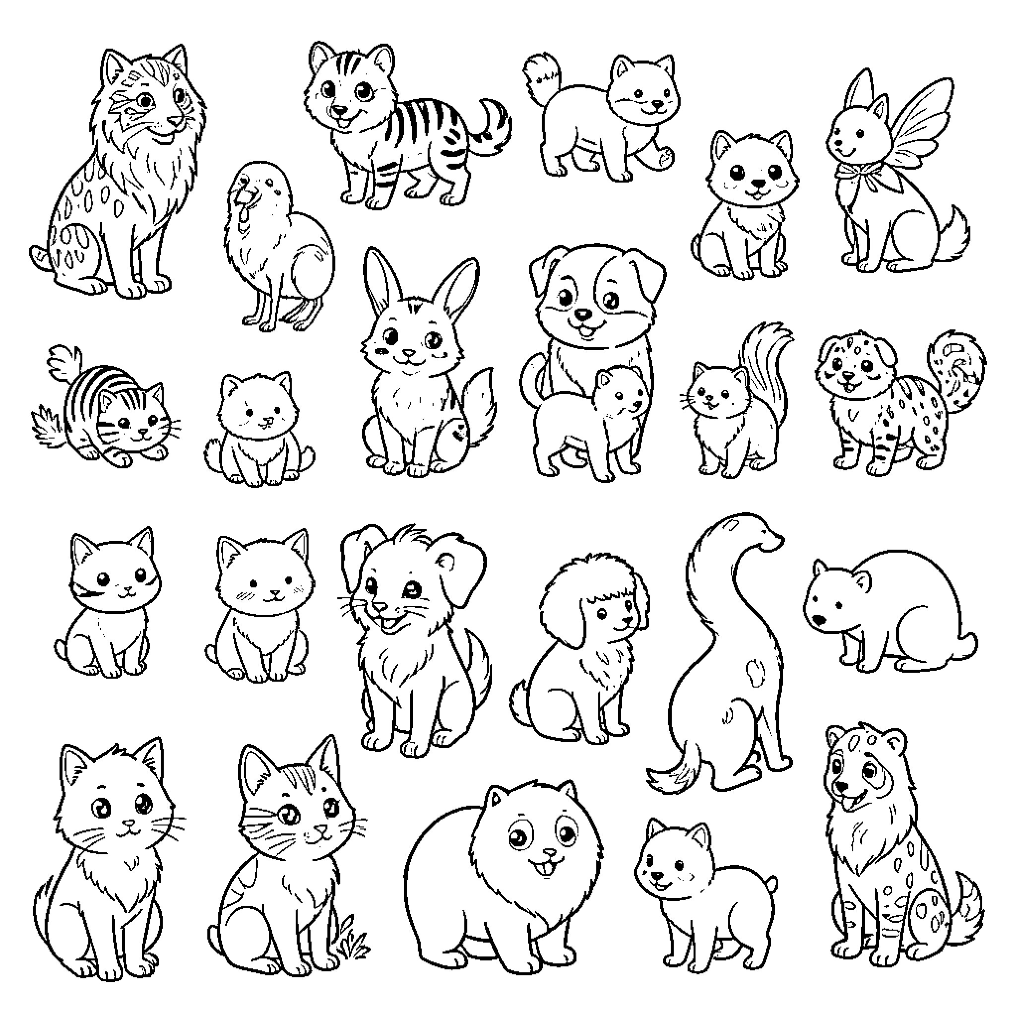 Animal Cartoon Pets and Companions Coloring Page (free black-and-white line drawing printable PDF for all, from beginners to advanced learners, including children, teens, adults, and seniors)