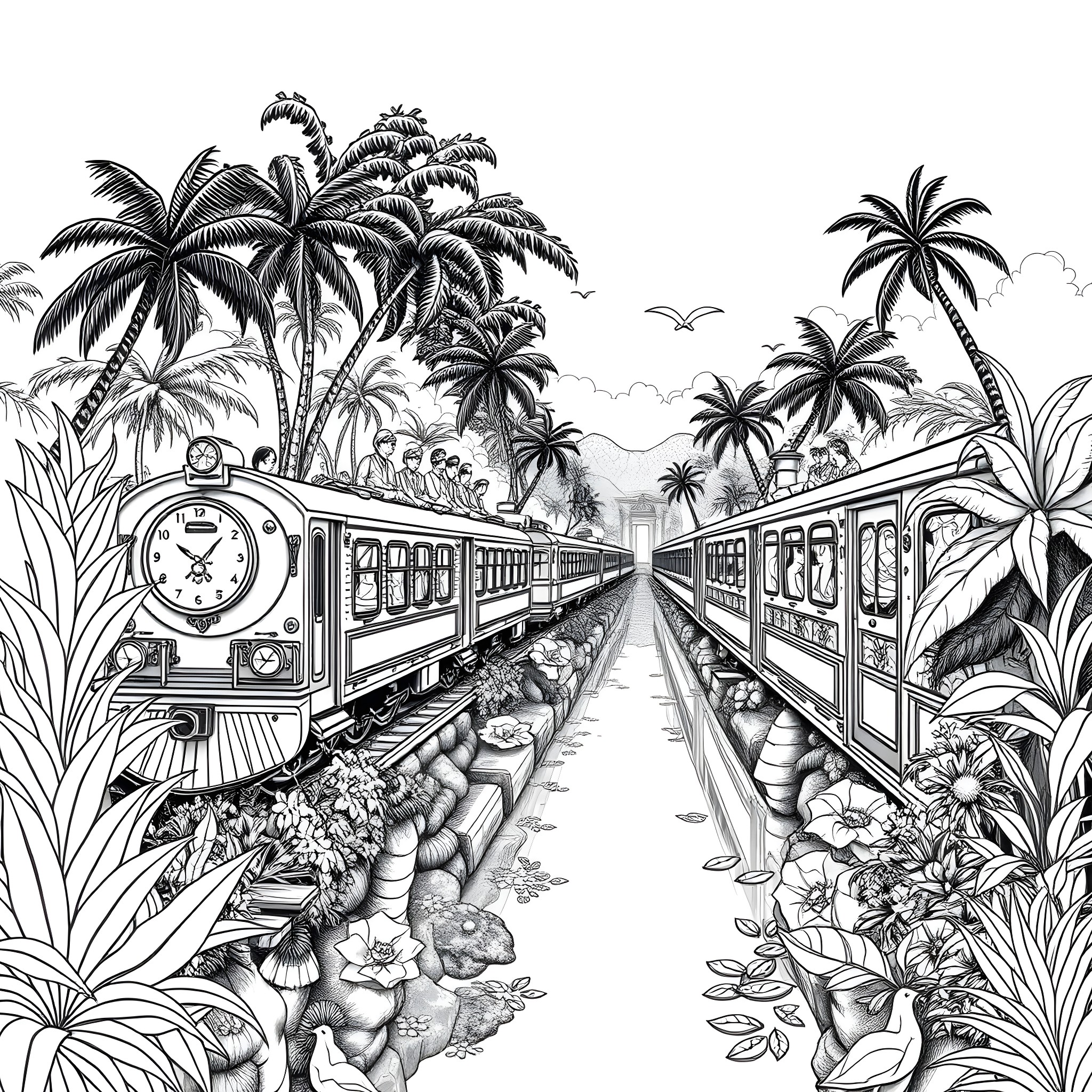 Train Travelling Through Lush Tropical Landscape Coloring Page (free black-and-white line drawing printable PDF for all, from beginners to advanced learners, including children, teens, adults, and seniors)