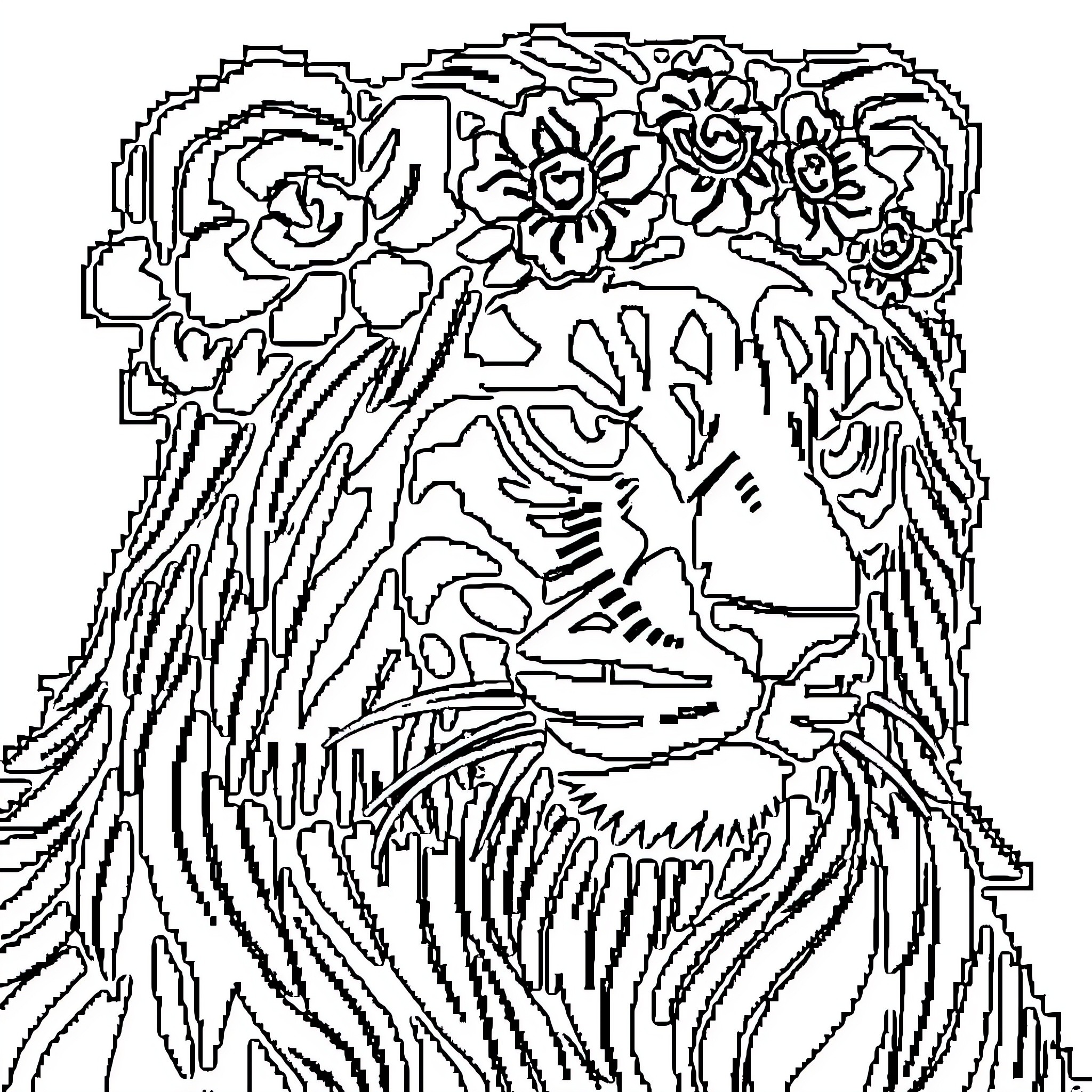 Pixel Art Floral Portrait with Abstract Elements Coloring Page (free black-and-white line drawing printable PDF for all, from beginners to advanced learners, including children, teens, adults, and seniors)