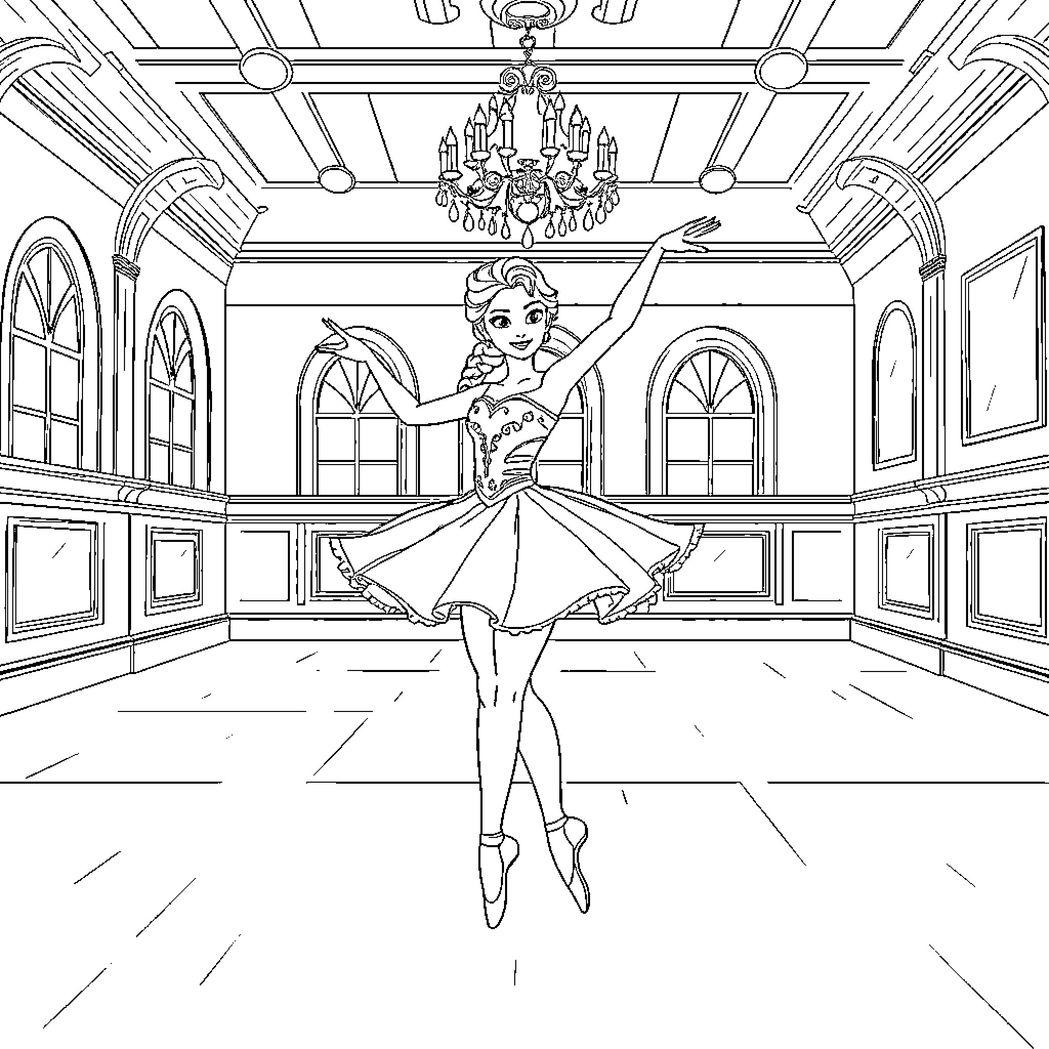 Elsa Ballerina Dancing in a Majestic Palace Coloring Page (free black-and-white line drawing printable PDF for all, from beginners to advanced learners, including children, teens, adults, and seniors)