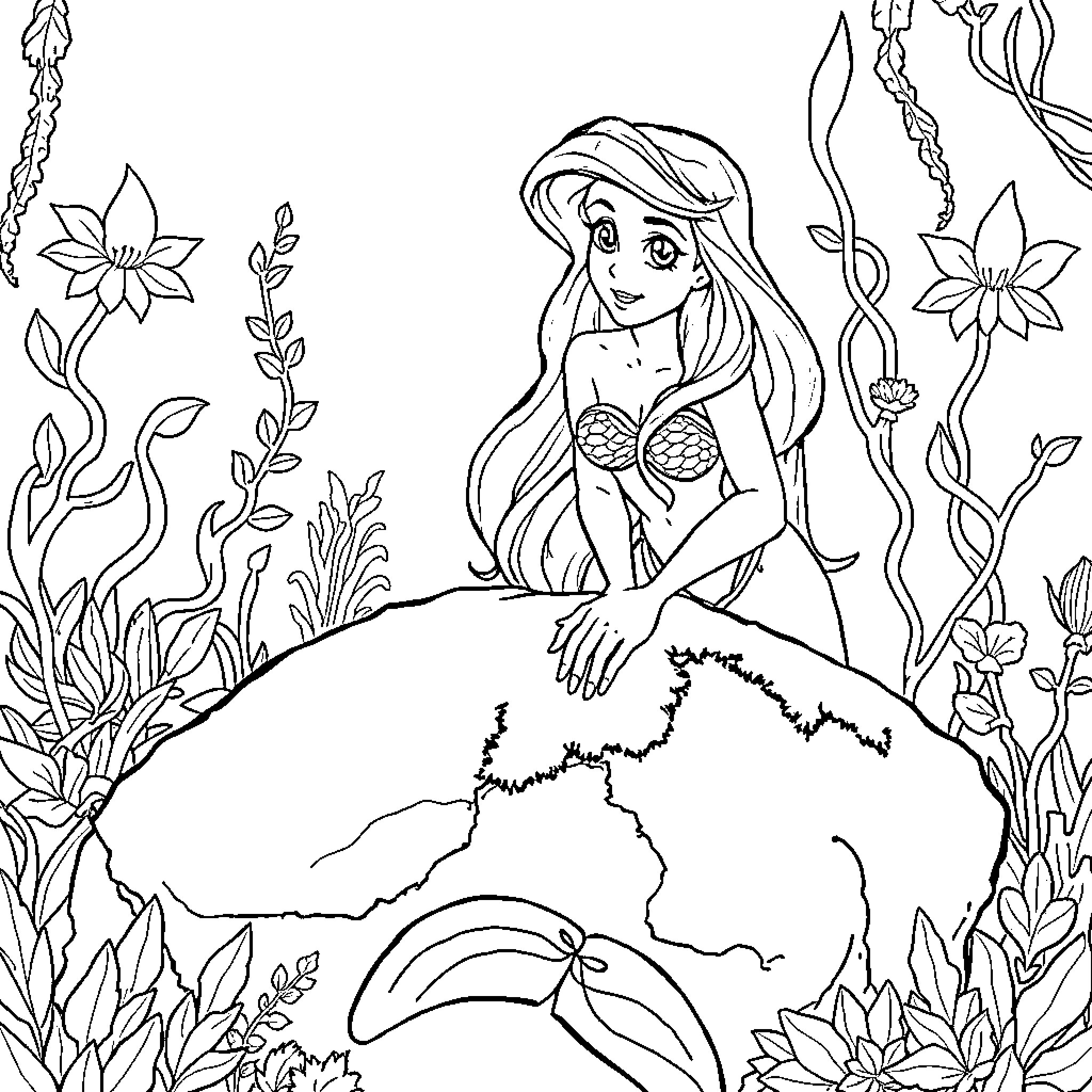 Mermaid sitting on a rock surrounded by sea life Coloring Page (free black-and-white line drawing printable PDF for all, from beginners to advanced learners, including children, teens, adults, and seniors)