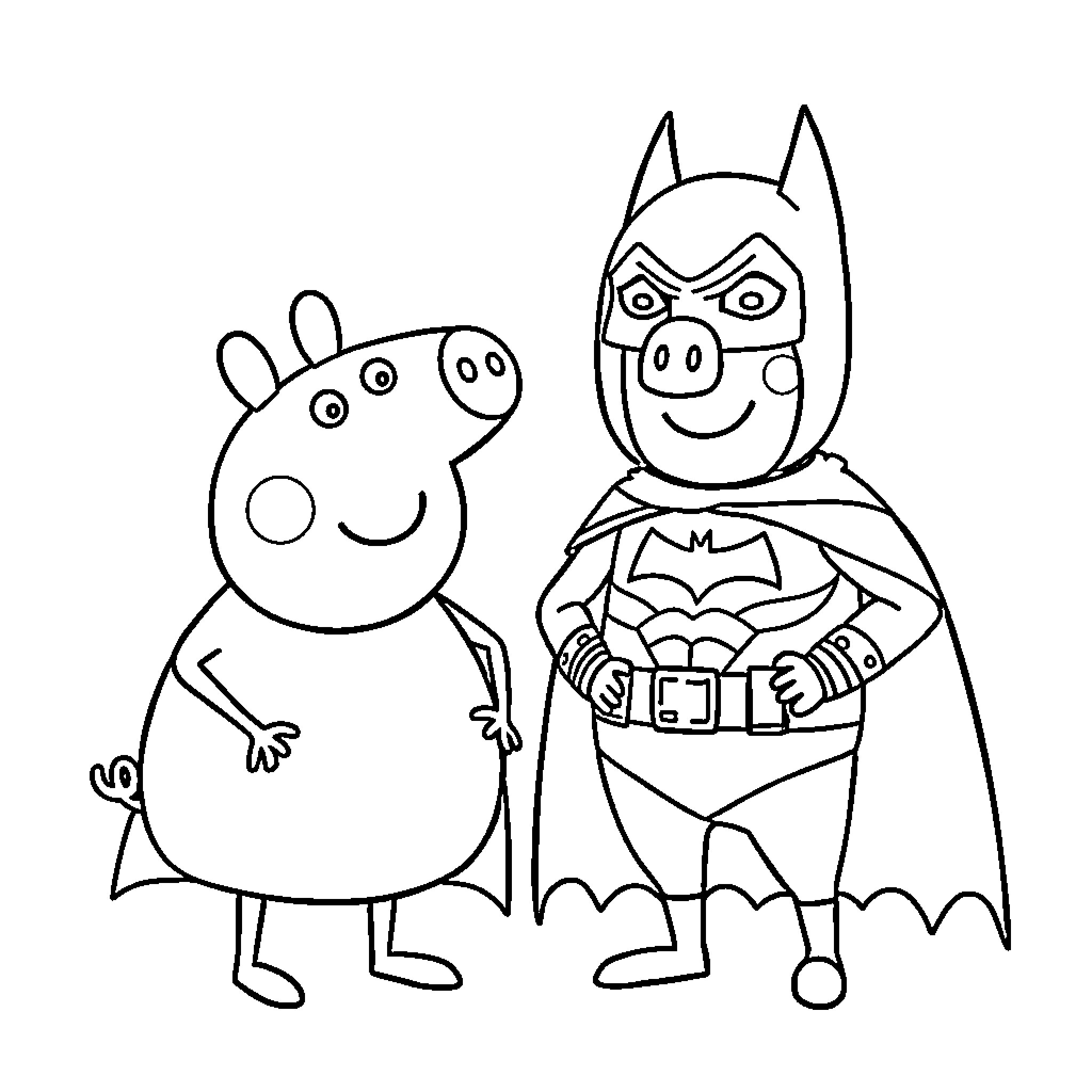 Peppa and Batman enjoying playtime together Coloring Page (free black-and-white line drawing printable PDF for all, from beginners to advanced learners, including children, teens, adults, and seniors)