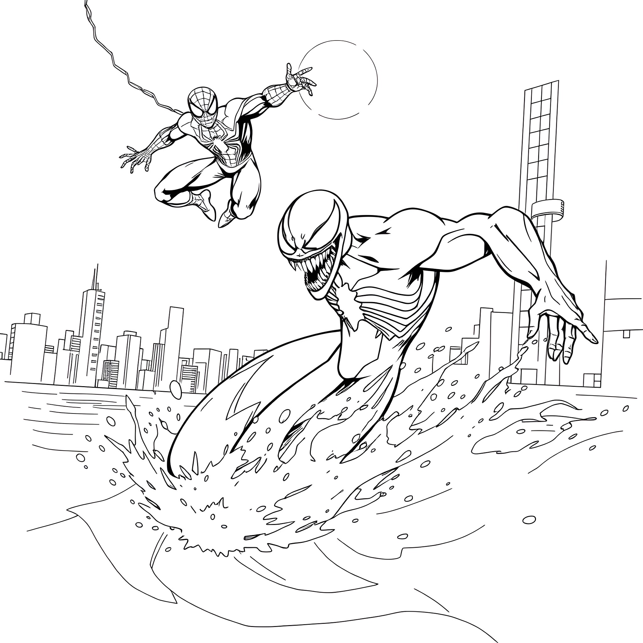 Venom vs. Spider-Man: Heroic Clash in the City Coloring Page (free black-and-white line drawing printable PDF for all, from beginners to advanced learners, including children, teens, adults, and seniors)