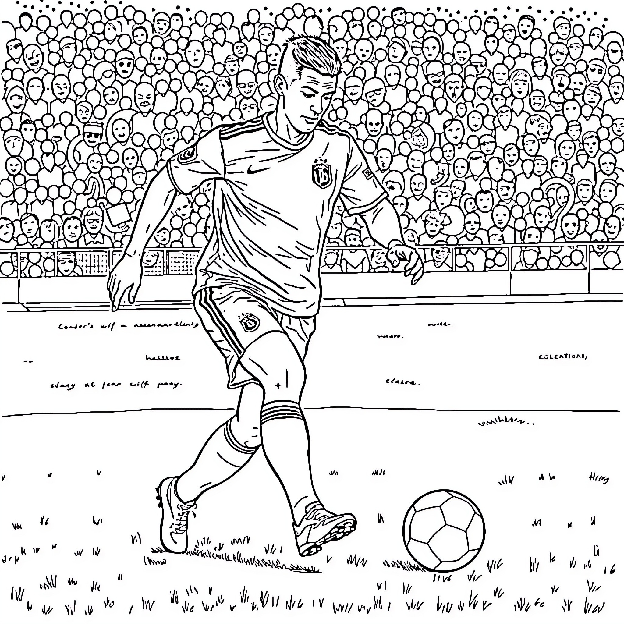 Ronaldo playing soccer with enthusiastic crowd Coloring Page (free black-and-white line drawing printable PDF for all, from beginners to advanced learners, including children, teens, adults, and seniors)