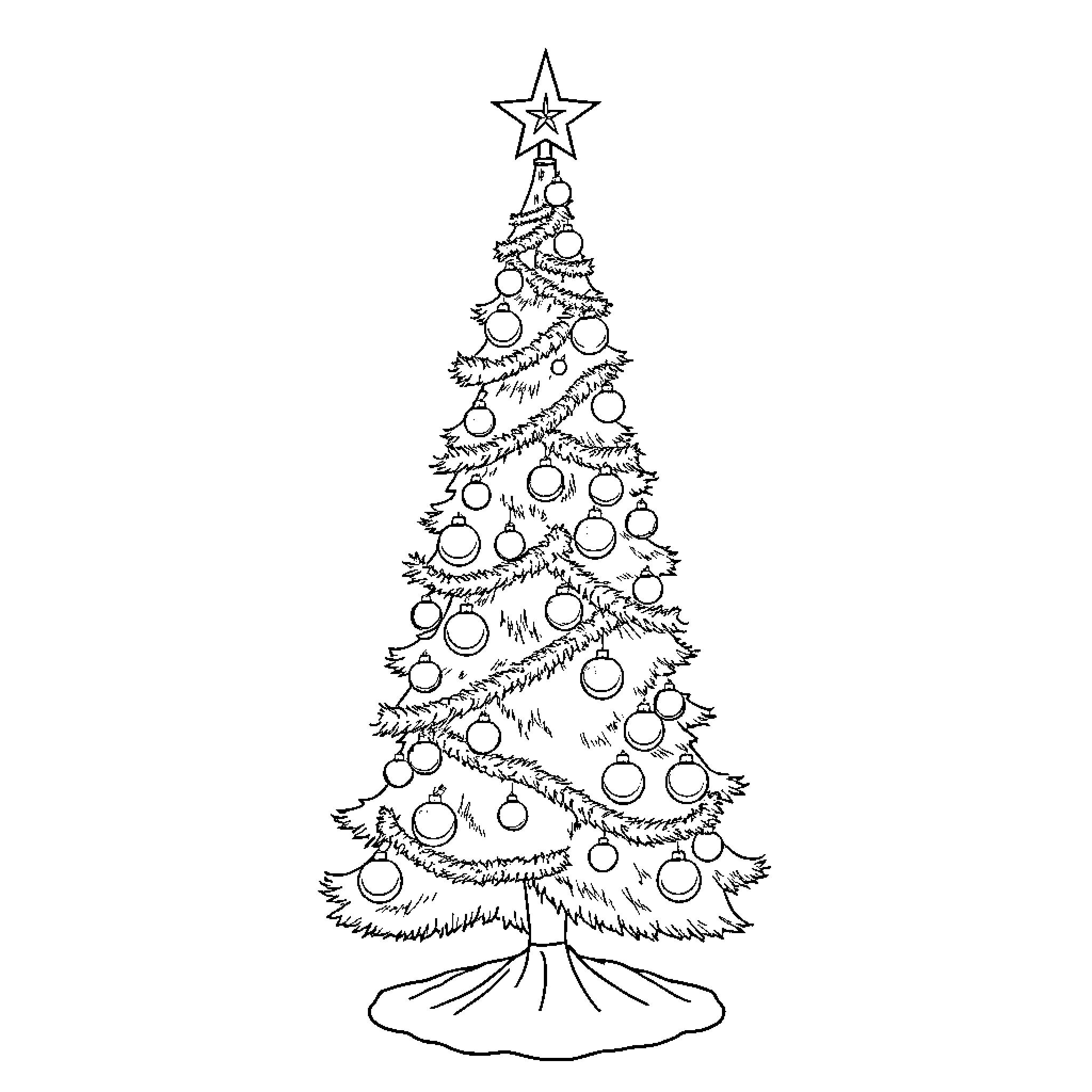Christmas Tree with Ornaments and Lights Coloring Page (free black-and-white line drawing printable PDF for all, from beginners to advanced learners, including children, teens, adults, and seniors)