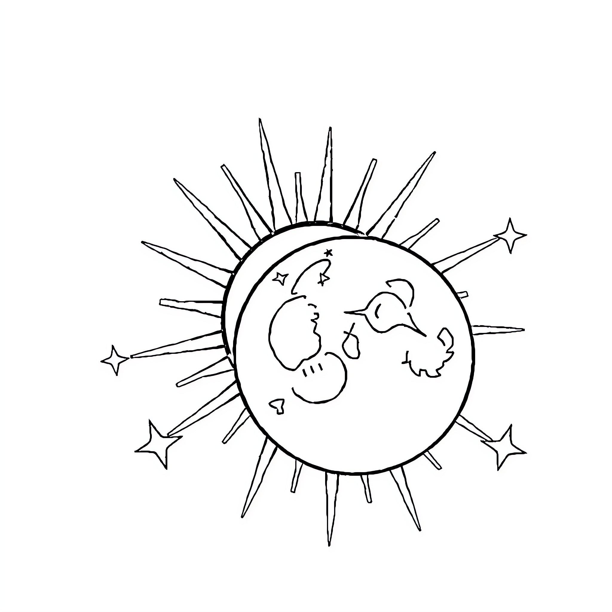 Sun Moon Star Celestial Bodies in Harmony Coloring Page (free black-and-white line drawing printable PDF for all, from beginners to advanced learners, including children, teens, adults, and seniors)