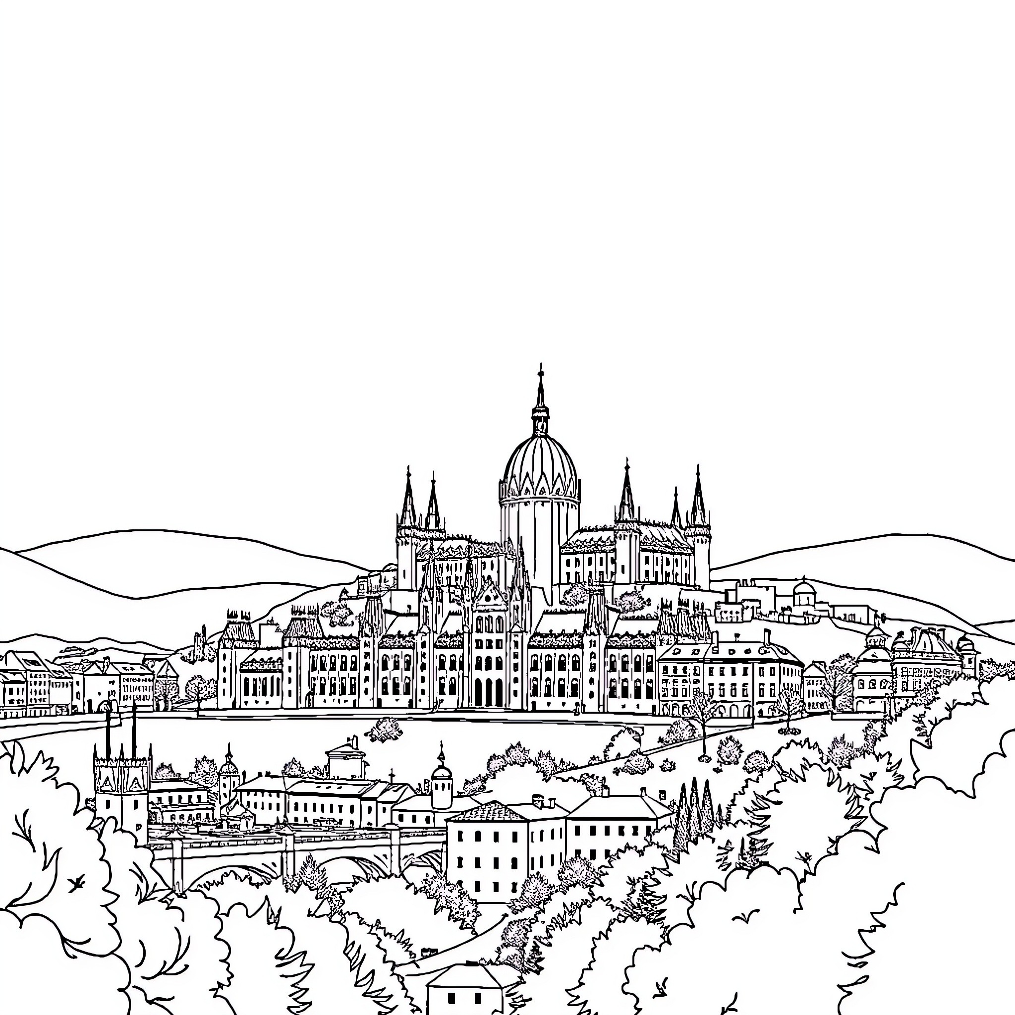 Hungary's Iconic Parliament Building and Cityscape Coloring Page (free black-and-white line drawing printable PDF for all, from beginners to advanced learners, including children, teens, adults, and seniors)