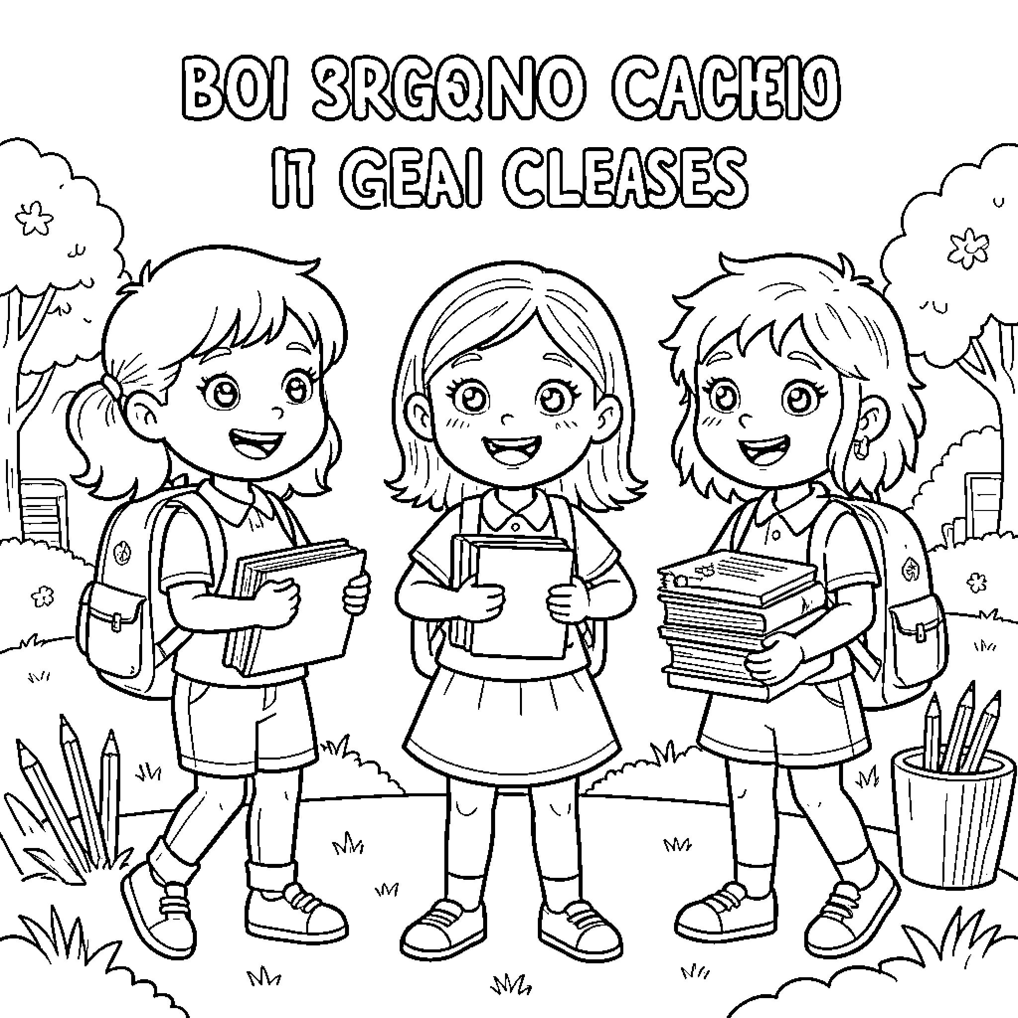 Regreso a Clases with happy children carrying school books Coloring Page (free black-and-white line drawing printable PDF for all, from beginners to advanced learners, including children, teens, adults, and seniors)