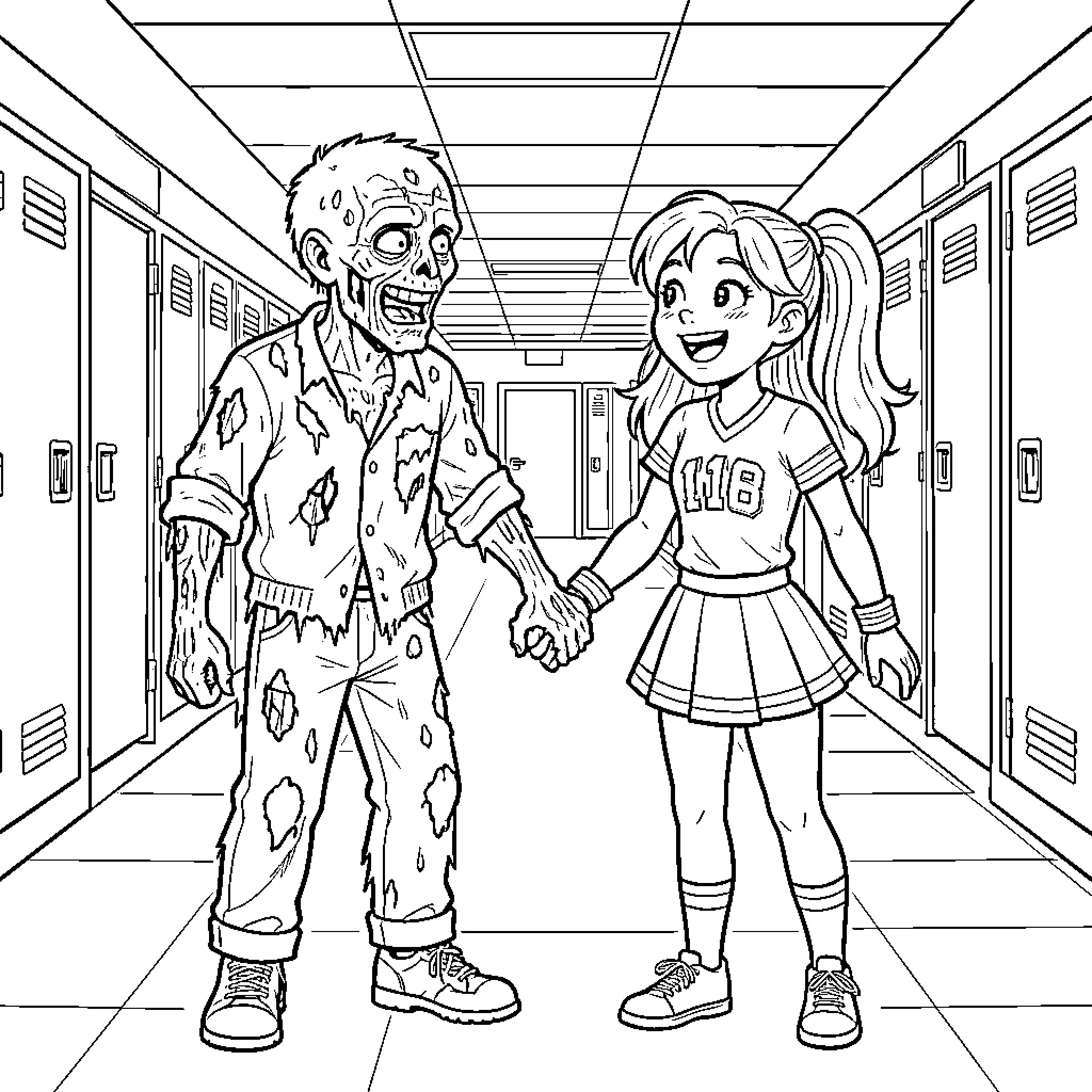 Zombie student interacting with classmate in school hallway Coloring Page (free black-and-white line drawing printable PDF for all, from beginners to advanced learners, including children, teens, adults, and seniors)