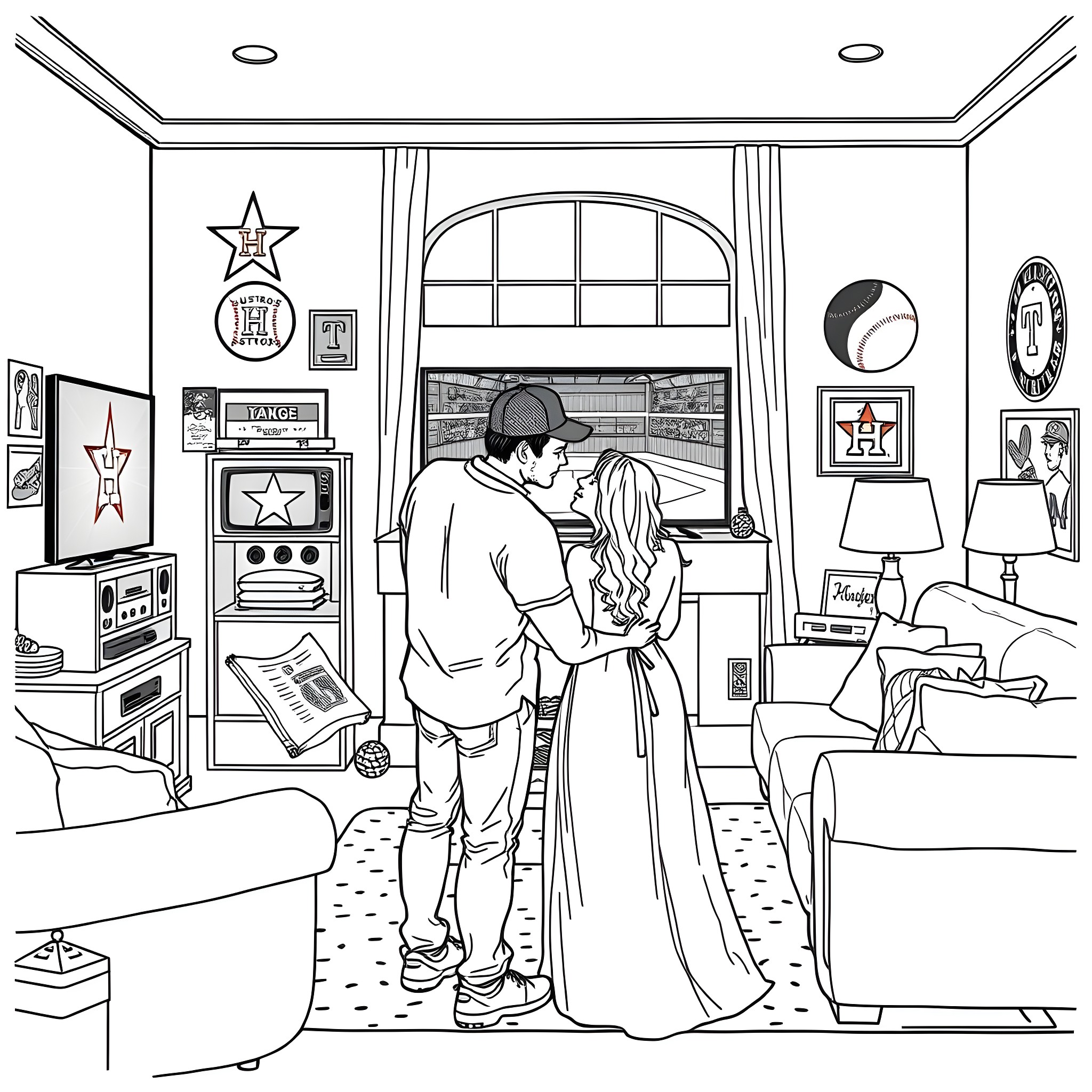 Couple Embracing in a Cozy Home Interior Coloring Page (free black-and-white line drawing printable PDF for all, from beginners to advanced learners, including children, teens, adults, and seniors)