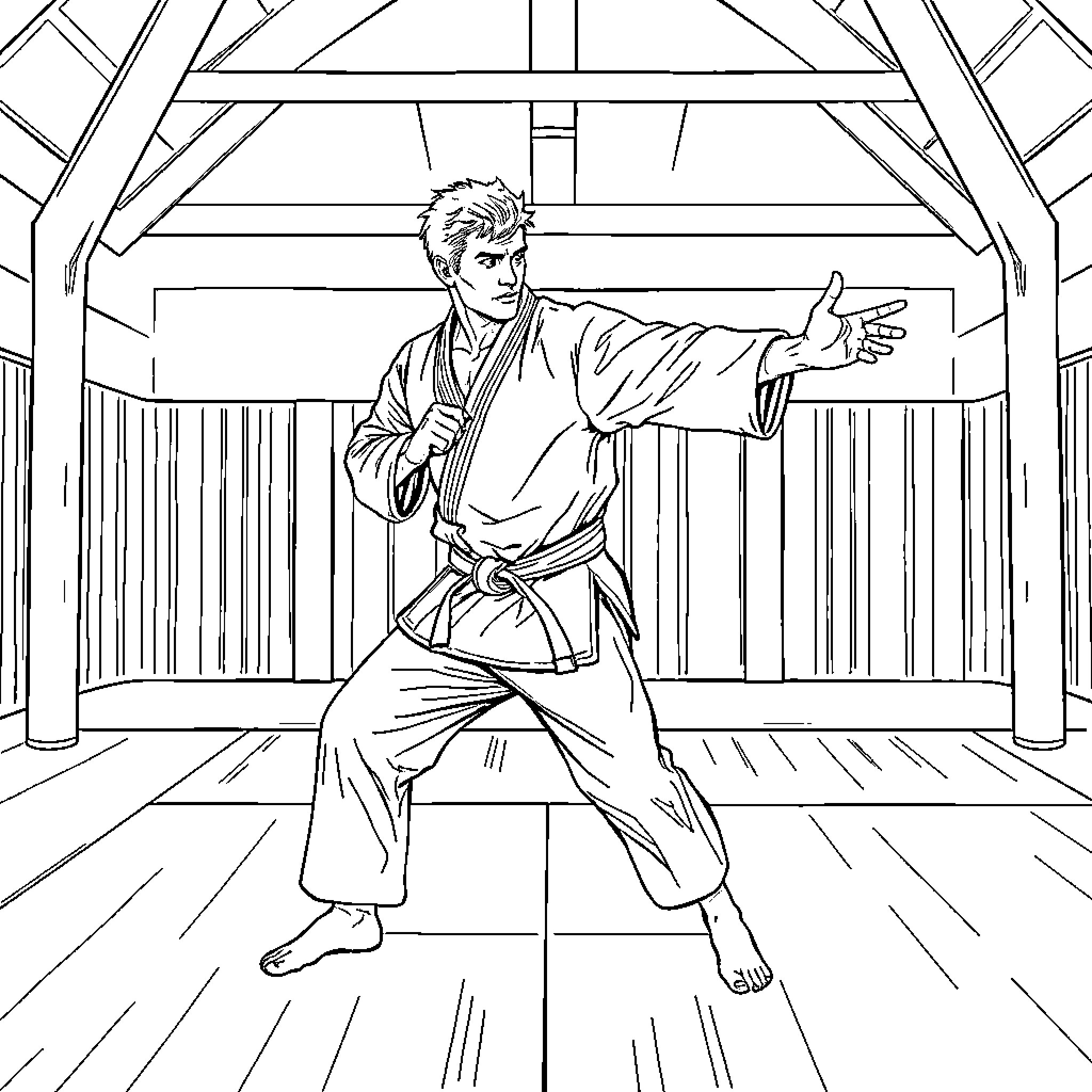 Judoka in Action: Intense Martial Arts Pose Coloring Page (free black-and-white line drawing printable PDF for all, from beginners to advanced learners, including children, teens, adults, and seniors)