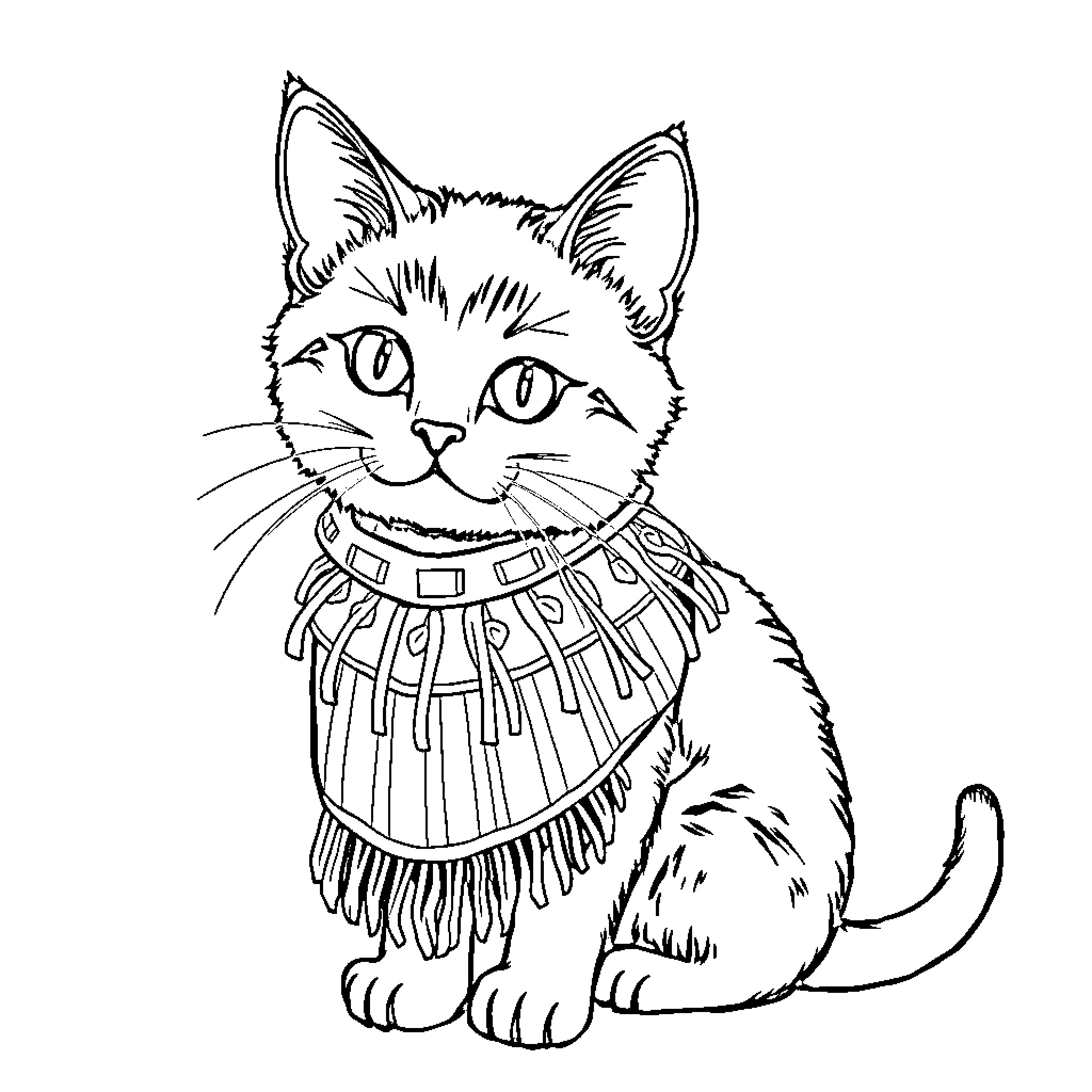 Cat wearing a patterned scarf Coloring Page (free black-and-white line drawing printable PDF for all, from beginners to advanced learners, including children, teens, adults, and seniors)