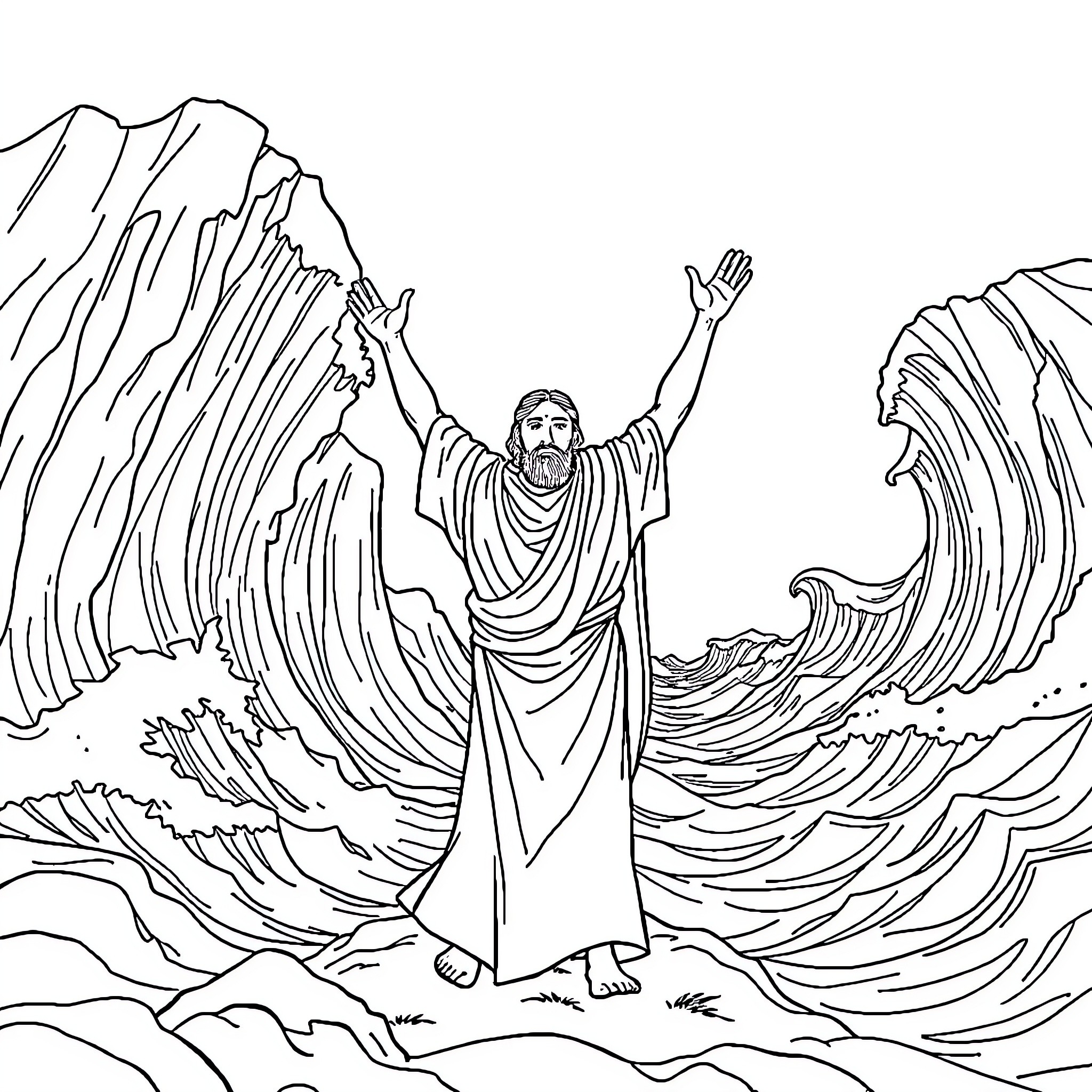 Moses parting the Red Sea with outstretched arms Coloring Page (free black-and-white line drawing printable PDF for all, from beginners to advanced learners, including children, teens, adults, and seniors)