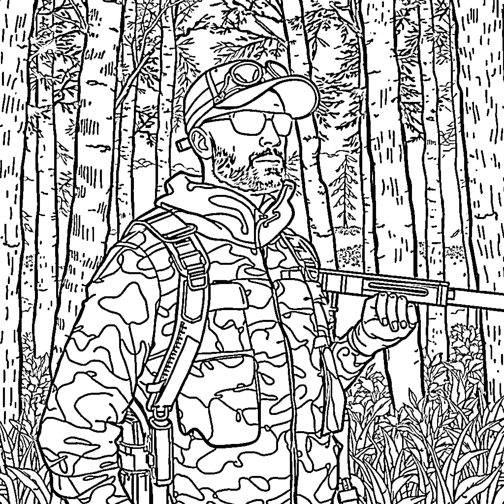 Hunter Carefully Navigates Through Forested Terrain Coloring Page (free black-and-white line drawing printable PDF for all, from beginners to advanced learners, including children, teens, adults, and seniors)