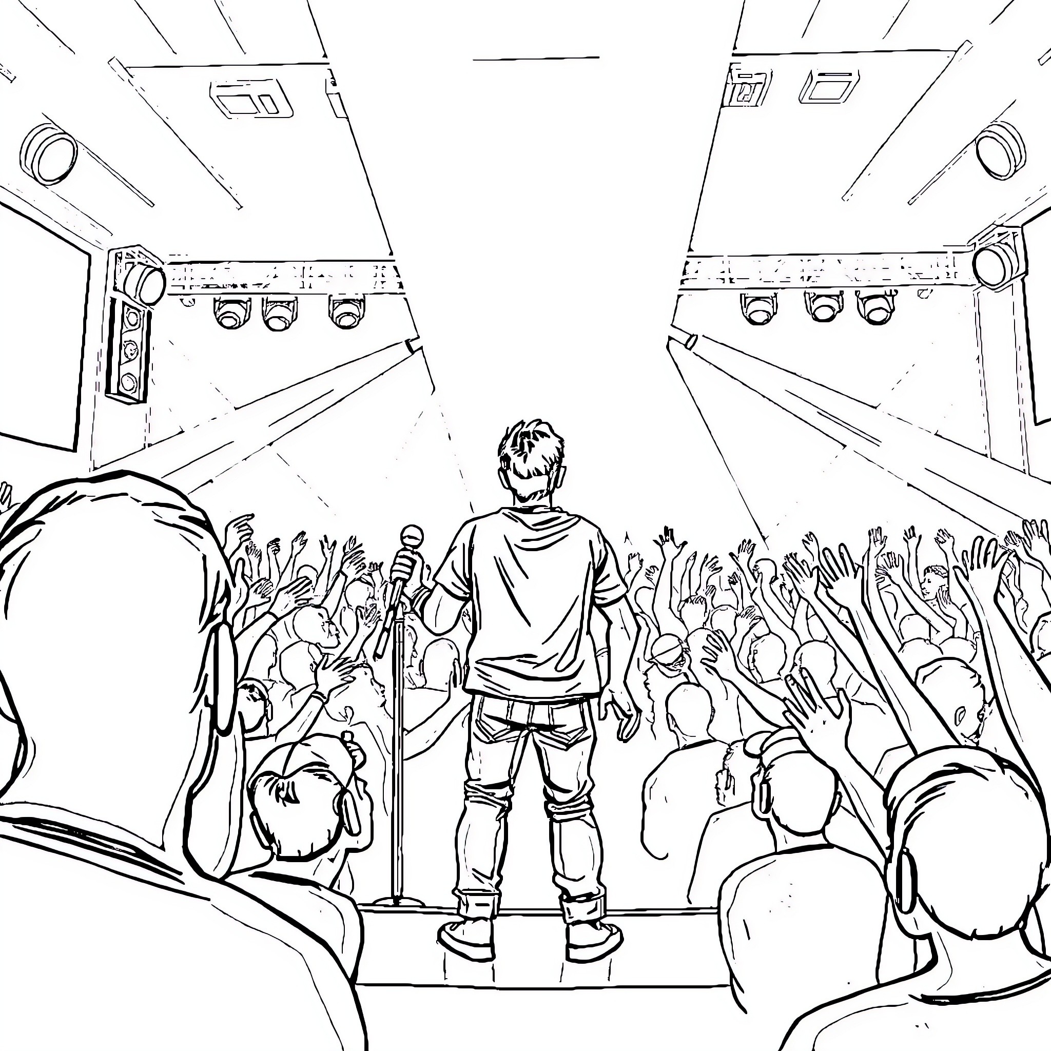 Paul Haught Performing on Stage Before Cheering Crowd Coloring Page (free black-and-white line drawing printable PDF for all, from beginners to advanced learners, including children, teens, adults, and seniors)