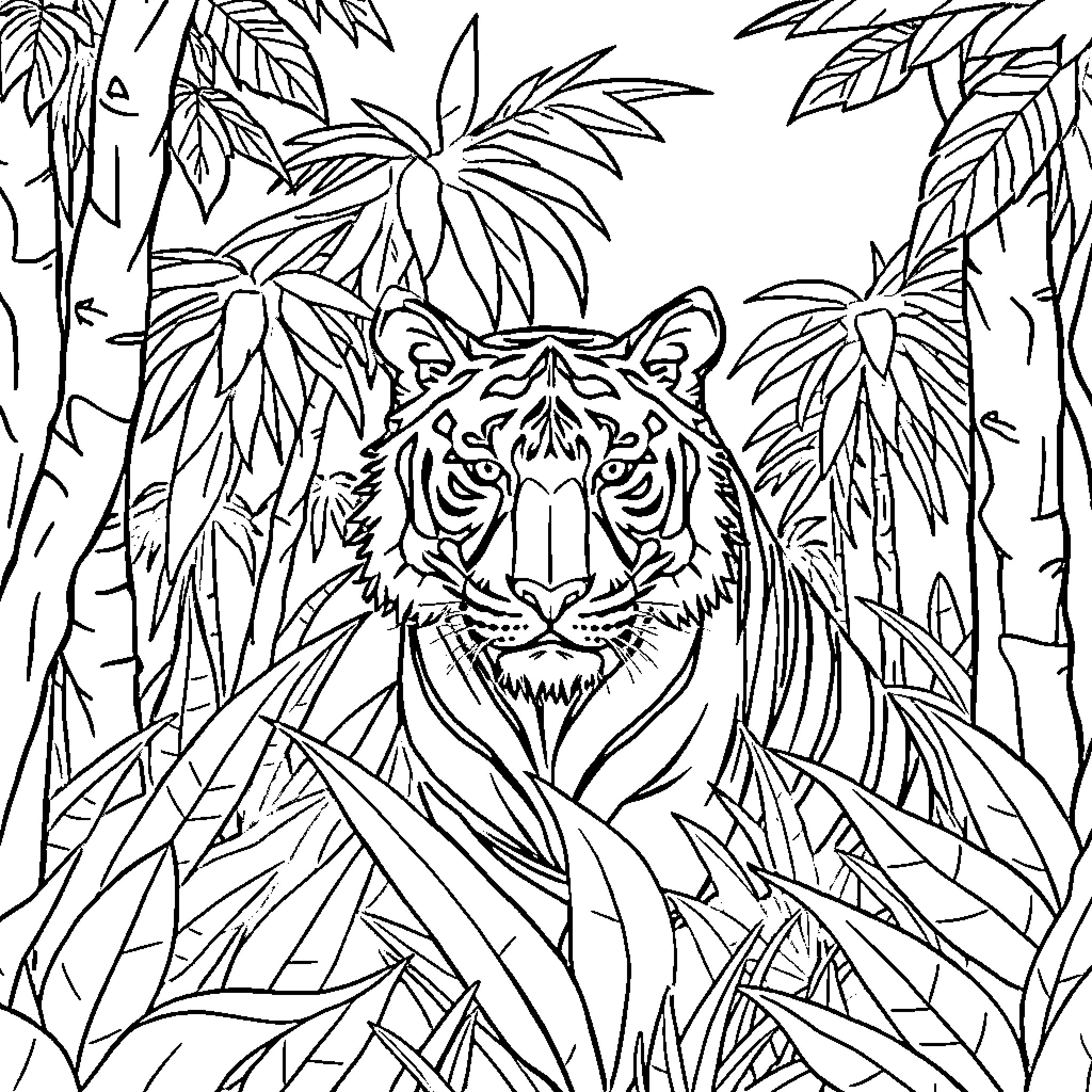 Tiger in the Jungle Foliage Coloring Page (free black-and-white line drawing printable PDF for all, from beginners to advanced learners, including children, teens, adults, and seniors)
