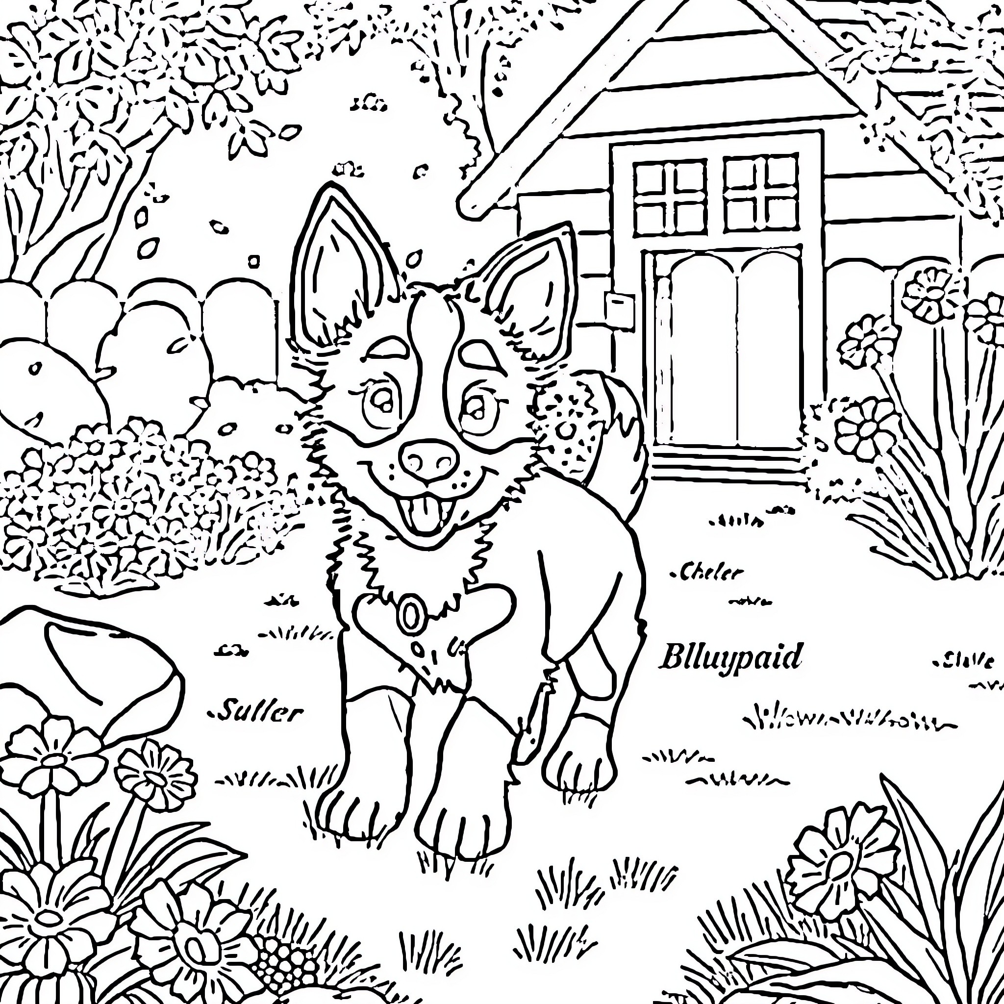 Bluey and friends explore the garden Coloring Page (free black-and-white line drawing printable PDF for all, from beginners to advanced learners, including children, teens, adults, and seniors)