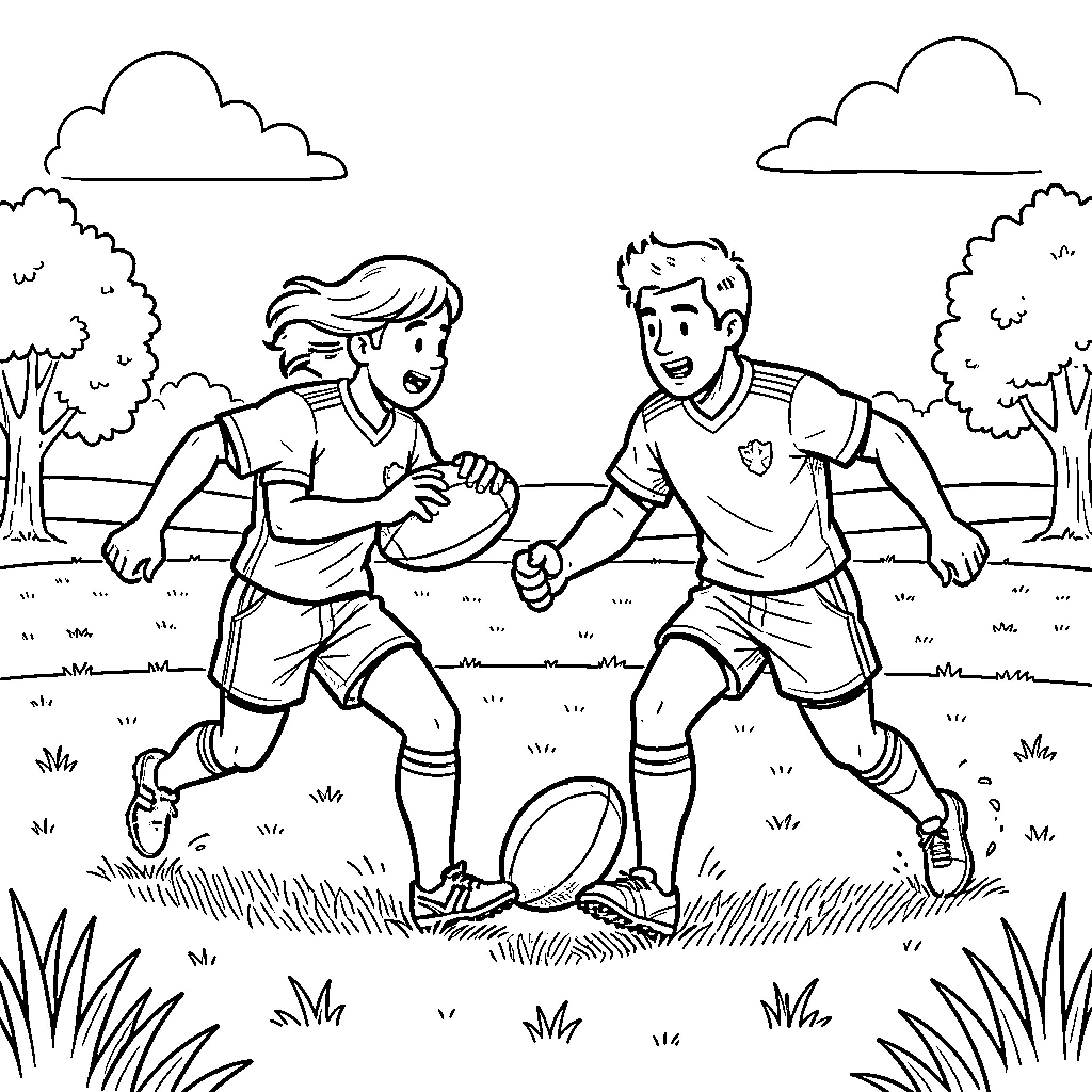 Tic two children playing rugby in a field Coloring Page (free black-and-white line drawing printable PDF for all, from beginners to advanced learners, including children, teens, adults, and seniors)