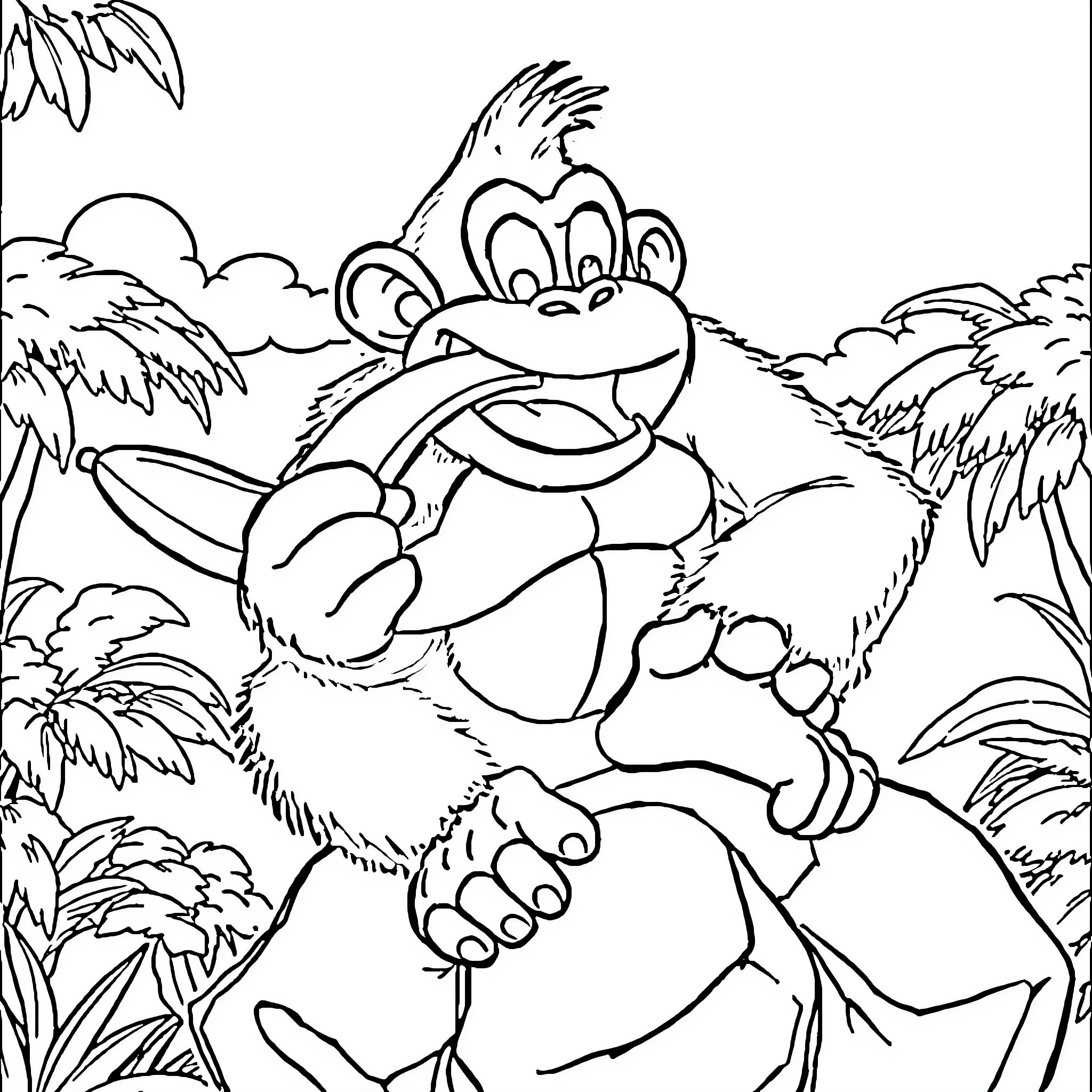 Donkey Kong climbing through the jungle Coloring Page (free black-and-white line drawing printable PDF for all, from beginners to advanced learners, including children, teens, adults, and seniors)