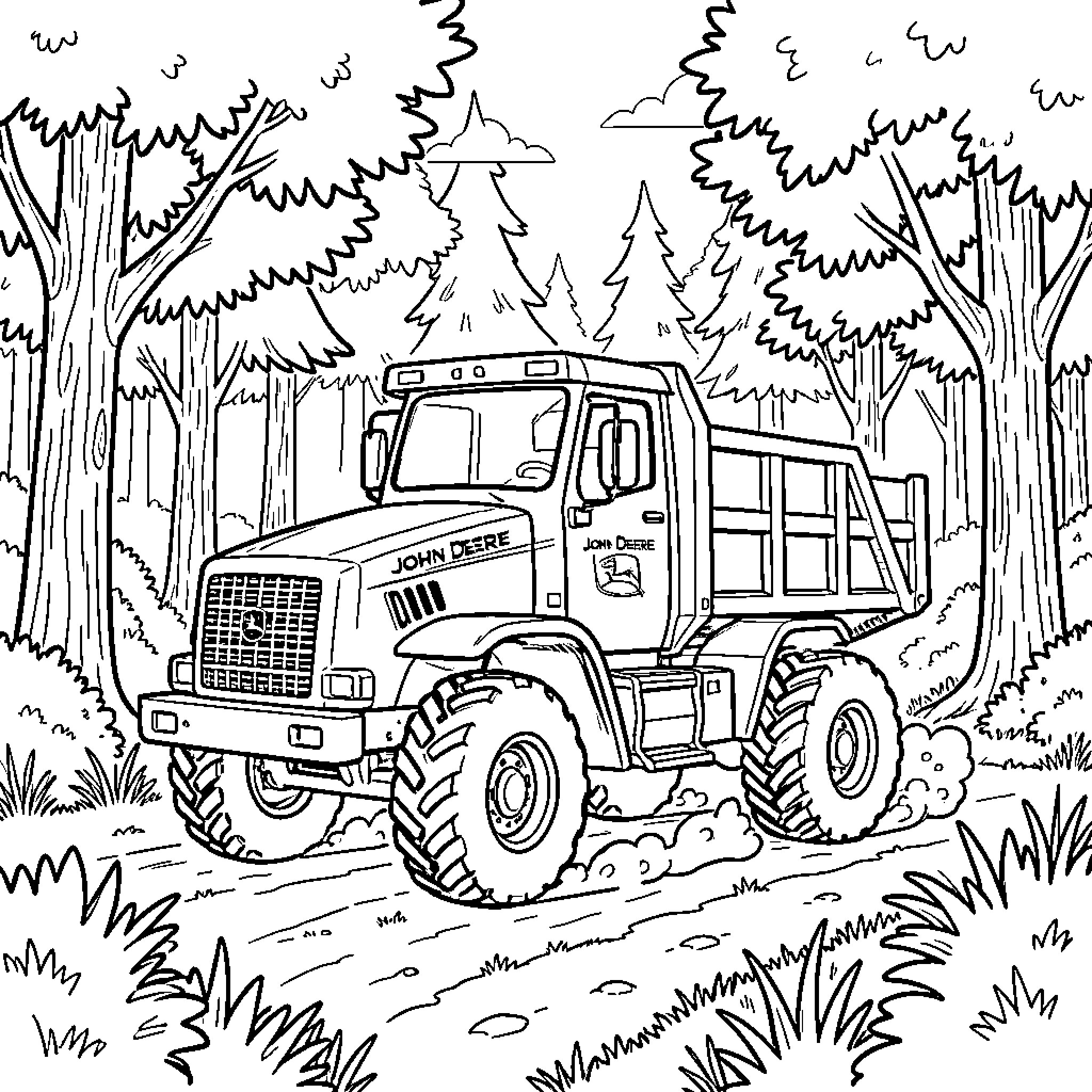 Porteur driving through a dense forest scene Coloring Page (free black-and-white line drawing printable PDF for all, from beginners to advanced learners, including children, teens, adults, and seniors)