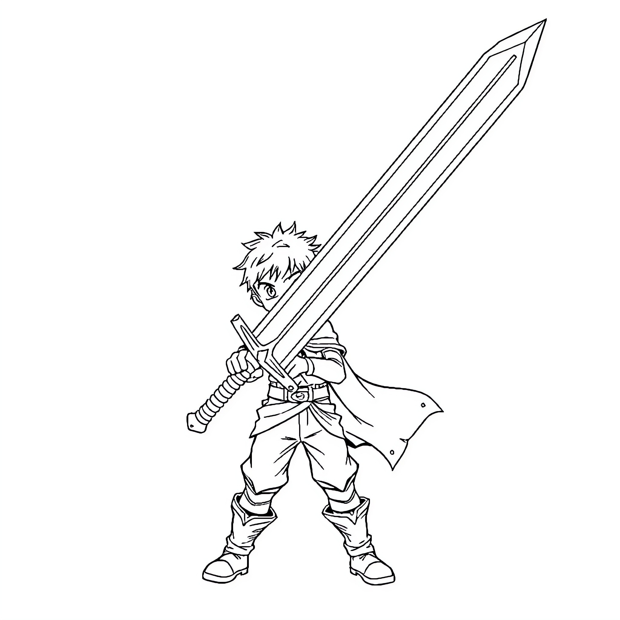 Boy wielding a large sword with determination Coloring Page (free black-and-white line drawing printable PDF for all, from beginners to advanced learners, including children, teens, adults, and seniors)