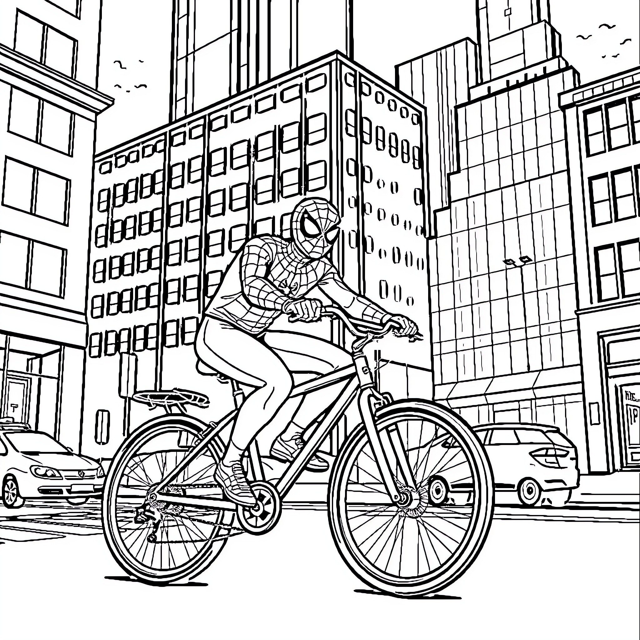 Spiderman riding bicycle through city streets Coloring Page (free black-and-white line drawing printable PDF for all, from beginners to advanced learners, including children, teens, adults, and seniors)