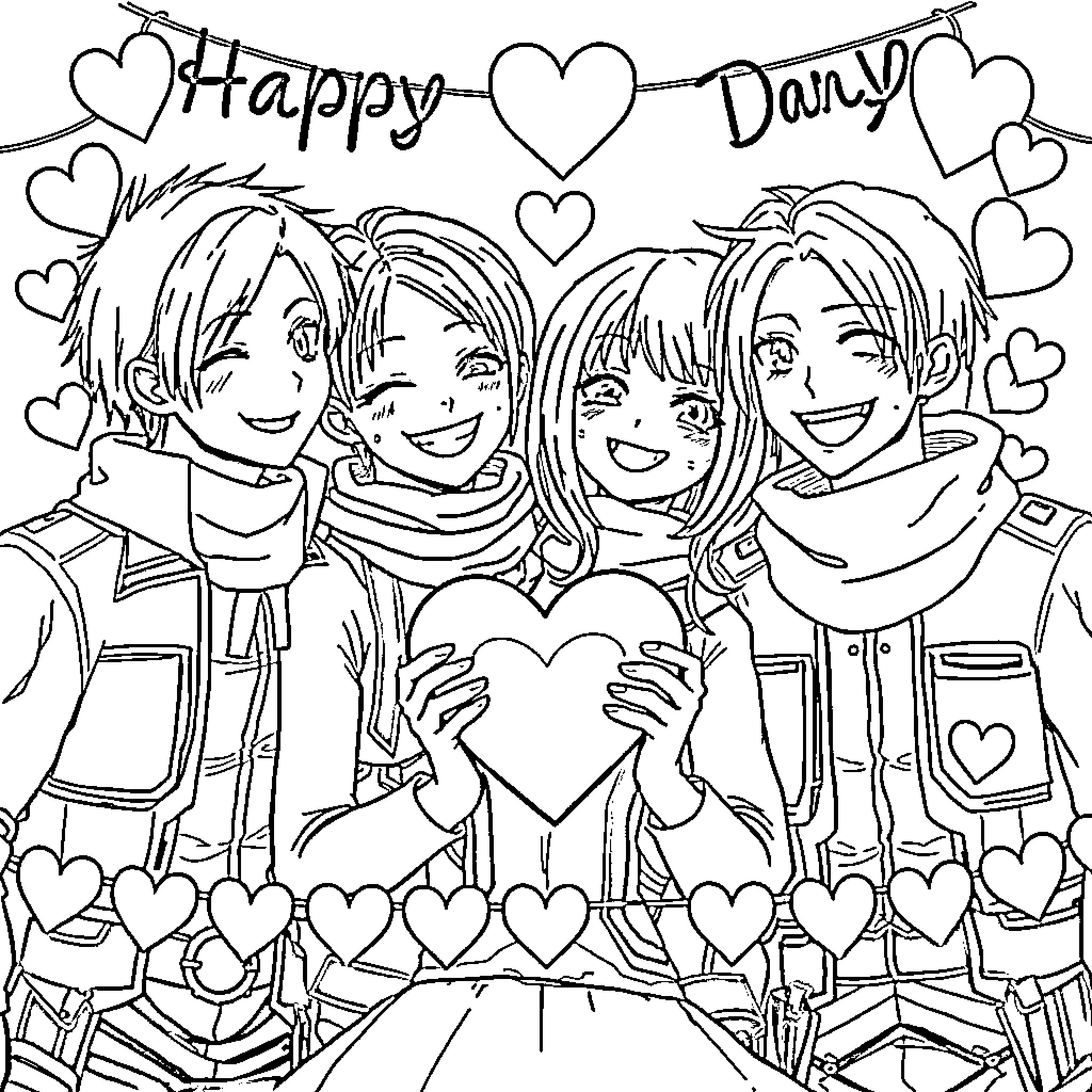 Attack on Titan: Heartfelt Celebration Coloring Page (free black-and-white line drawing printable PDF for all, from beginners to advanced learners, including children, teens, adults, and seniors)