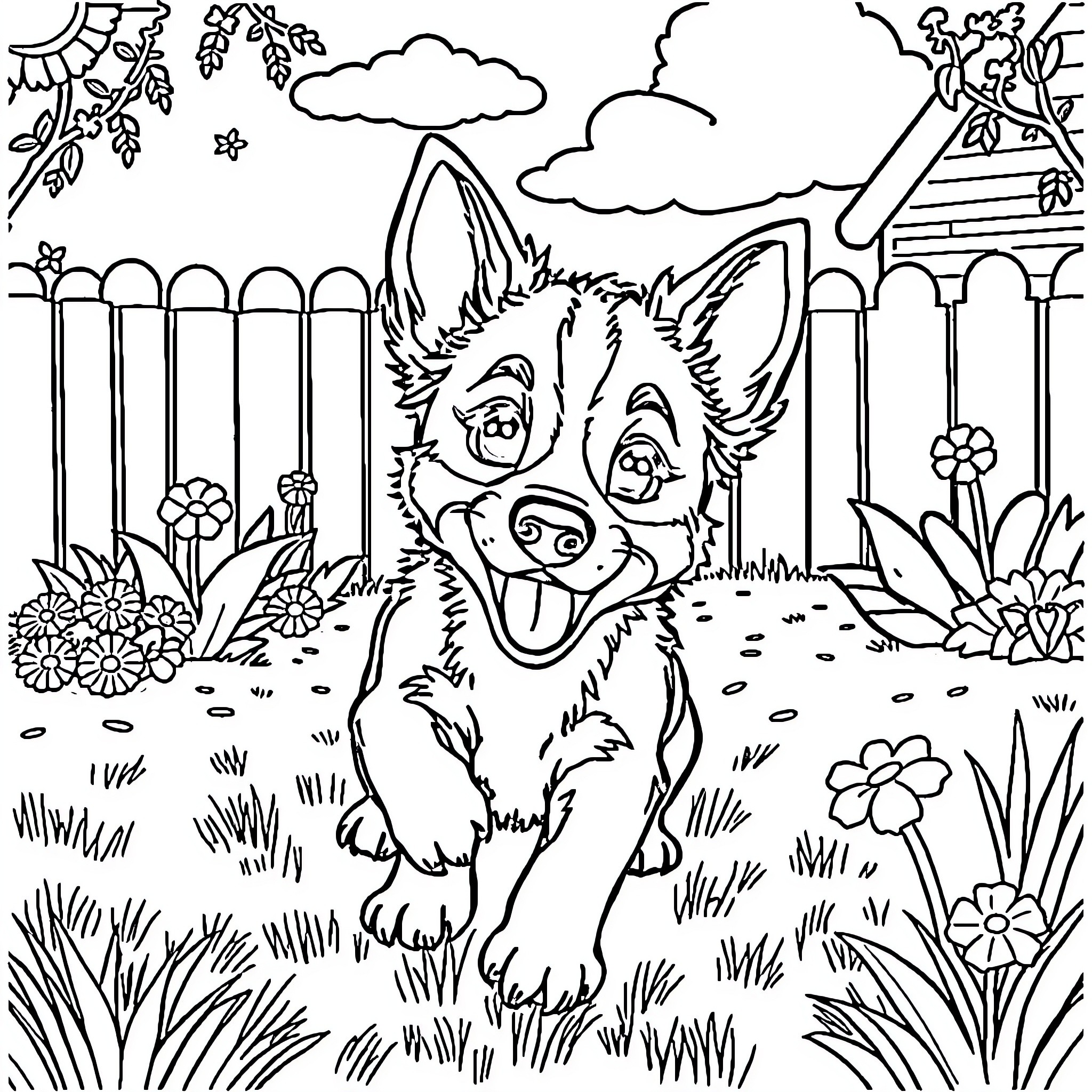 Bluey playing happily in the backyard Coloring Page (free black-and-white line drawing printable PDF for all, from beginners to advanced learners, including children, teens, adults, and seniors)