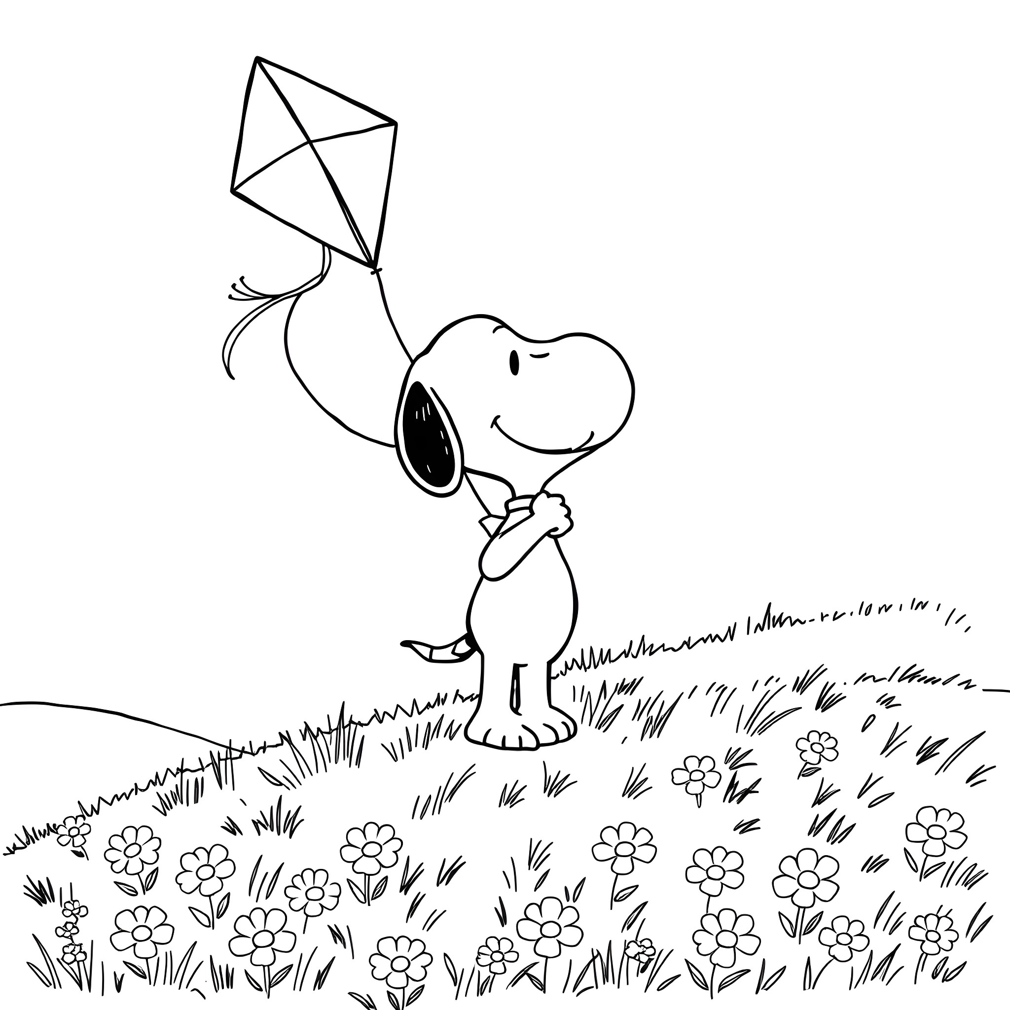 Snoopy flying a kite in a flower field Coloring Page (free black-and-white line drawing printable PDF for all, from beginners to advanced learners, including children, teens, adults, and seniors)